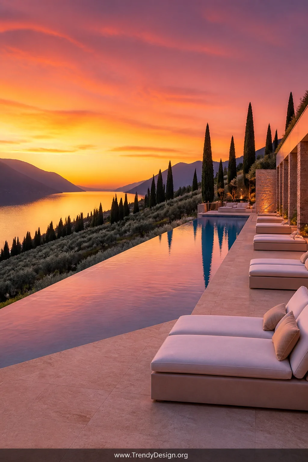 Photorealistic wide-angle shot of Lefay Resort's infinity pool at sunset overlooking Lake Garda, tall dark cypress trees silh