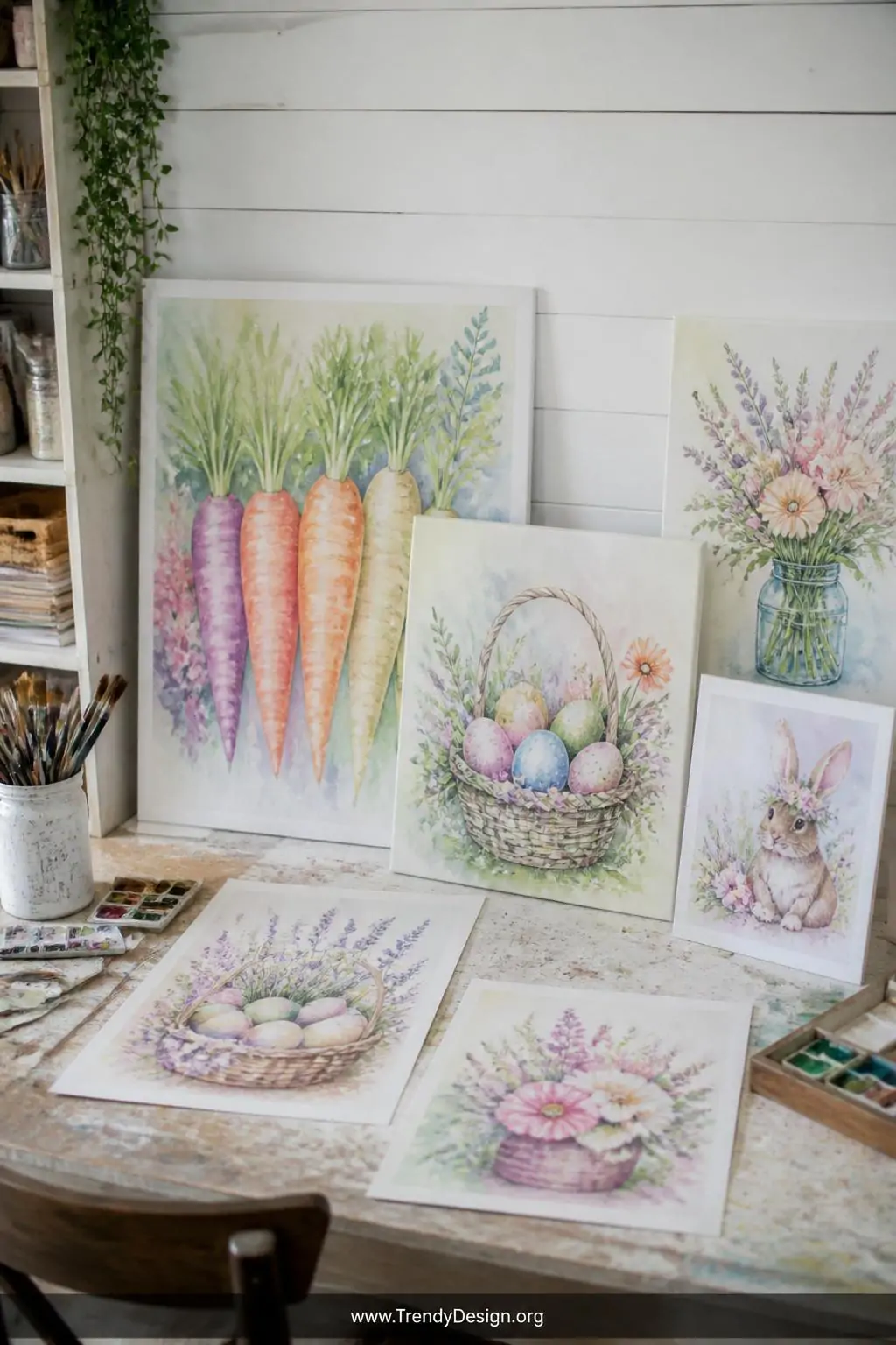 A medium interior shot of an art studio corner with a pastel-splattered worktable displaying watercolor Easter prints   softl