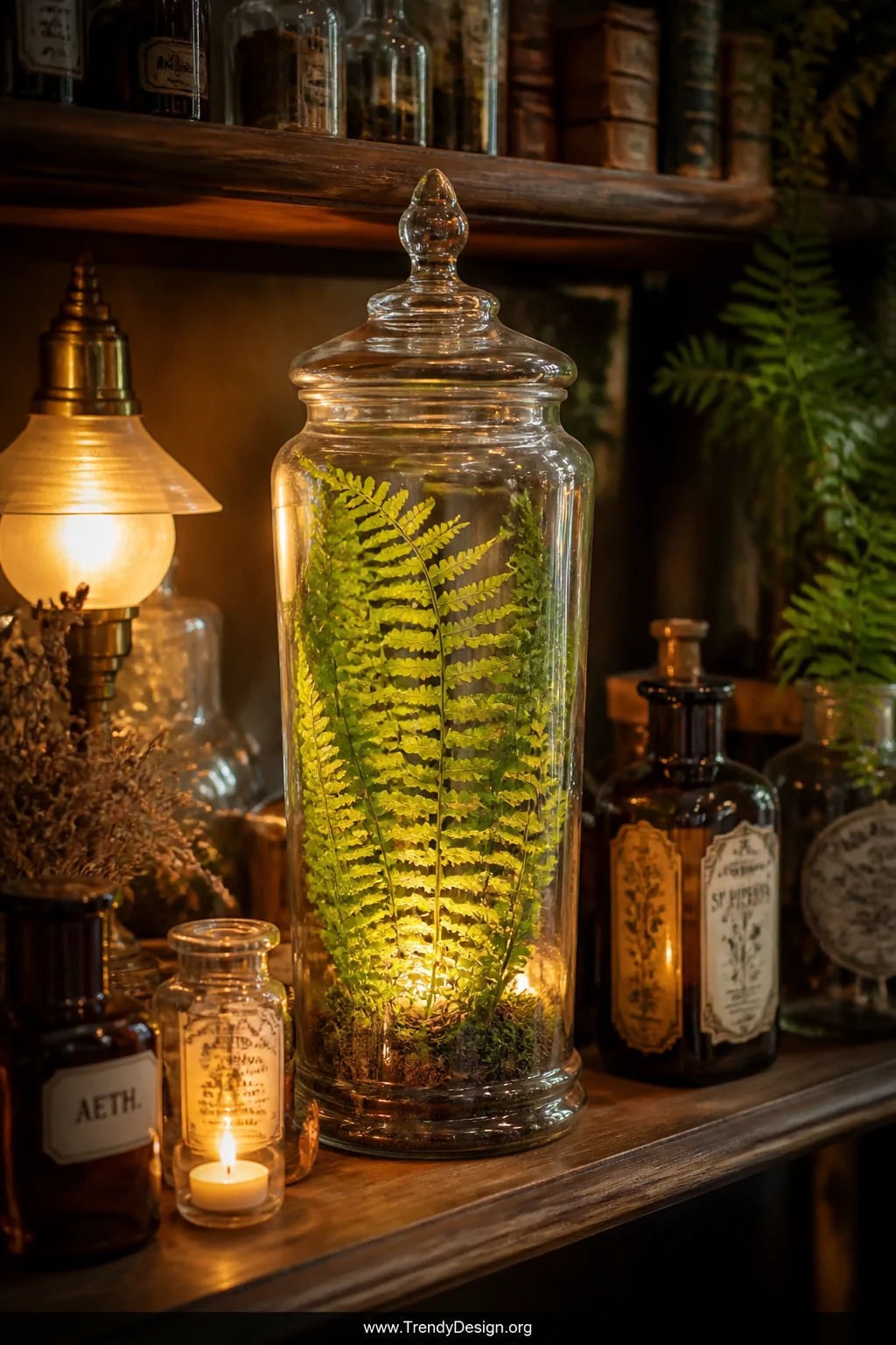 Medium shot of a tall clear apothecary jar with a glass stopper sitting on a warm-toned wooden kitchen shelf, slender ferns v