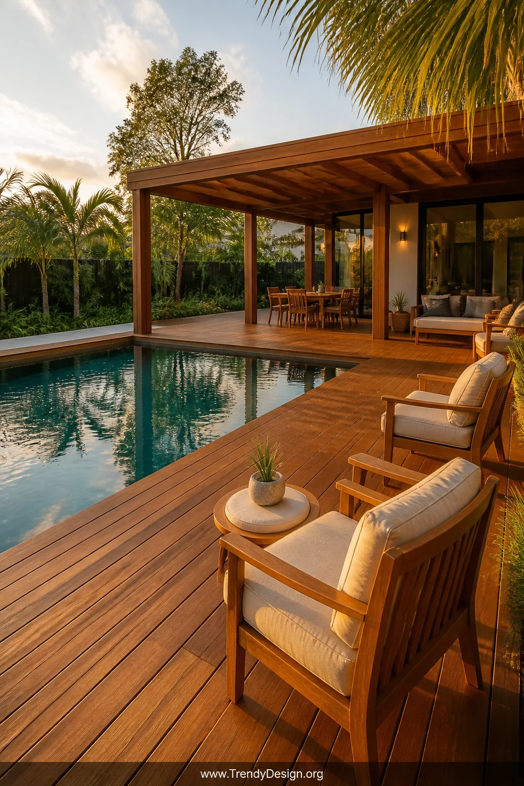 Medium photorealistic shot of a warm honey-toned teak wood deck wrapping generously around a rectangular backyard pool, evenl