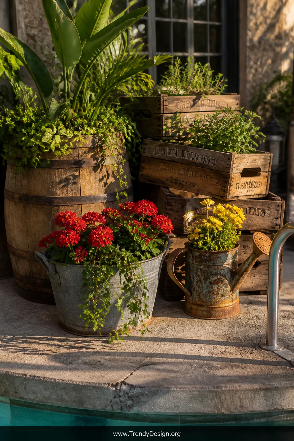 Medium photorealistic shot of a whimsical eclectic cluster of repurposed vintage containers arranged near a pool ladder on we