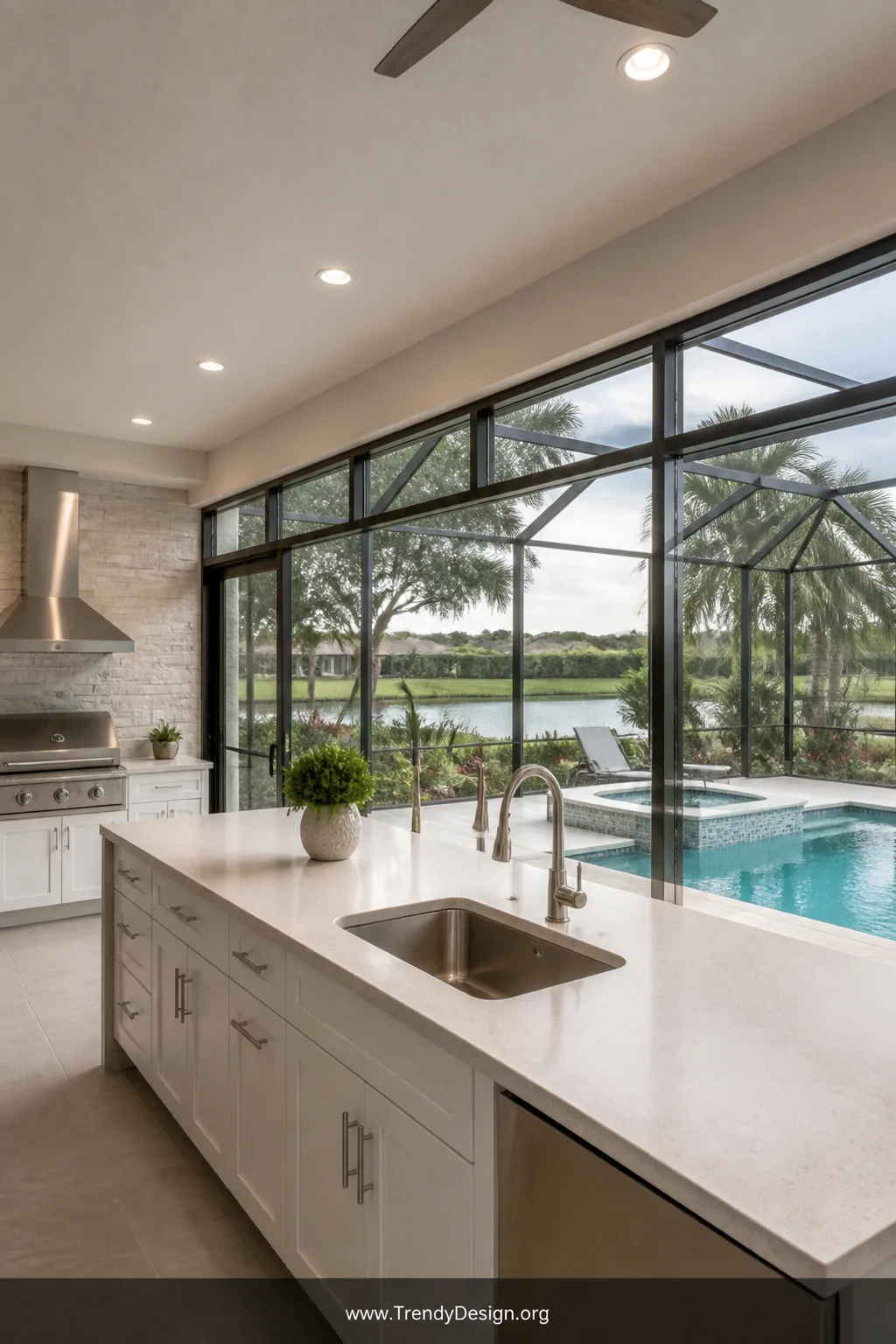 Medium photorealistic interior design shot of a polished all-season screened outdoor pool kitchen enclosure featuring full-le