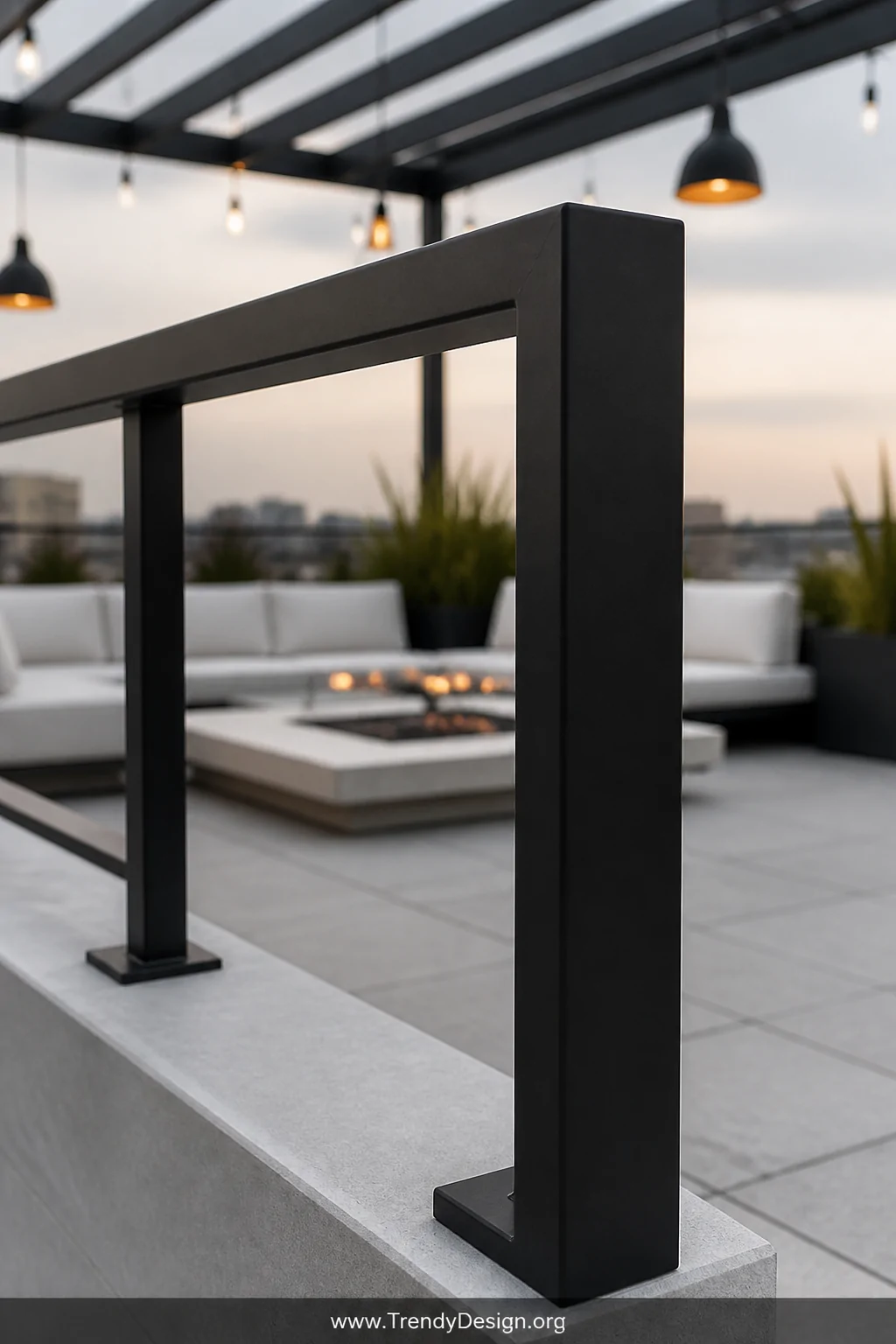 Closeup photorealistic shot of a matte black powder-coated aluminum railing on a flat roof, showing the crisp angular profile