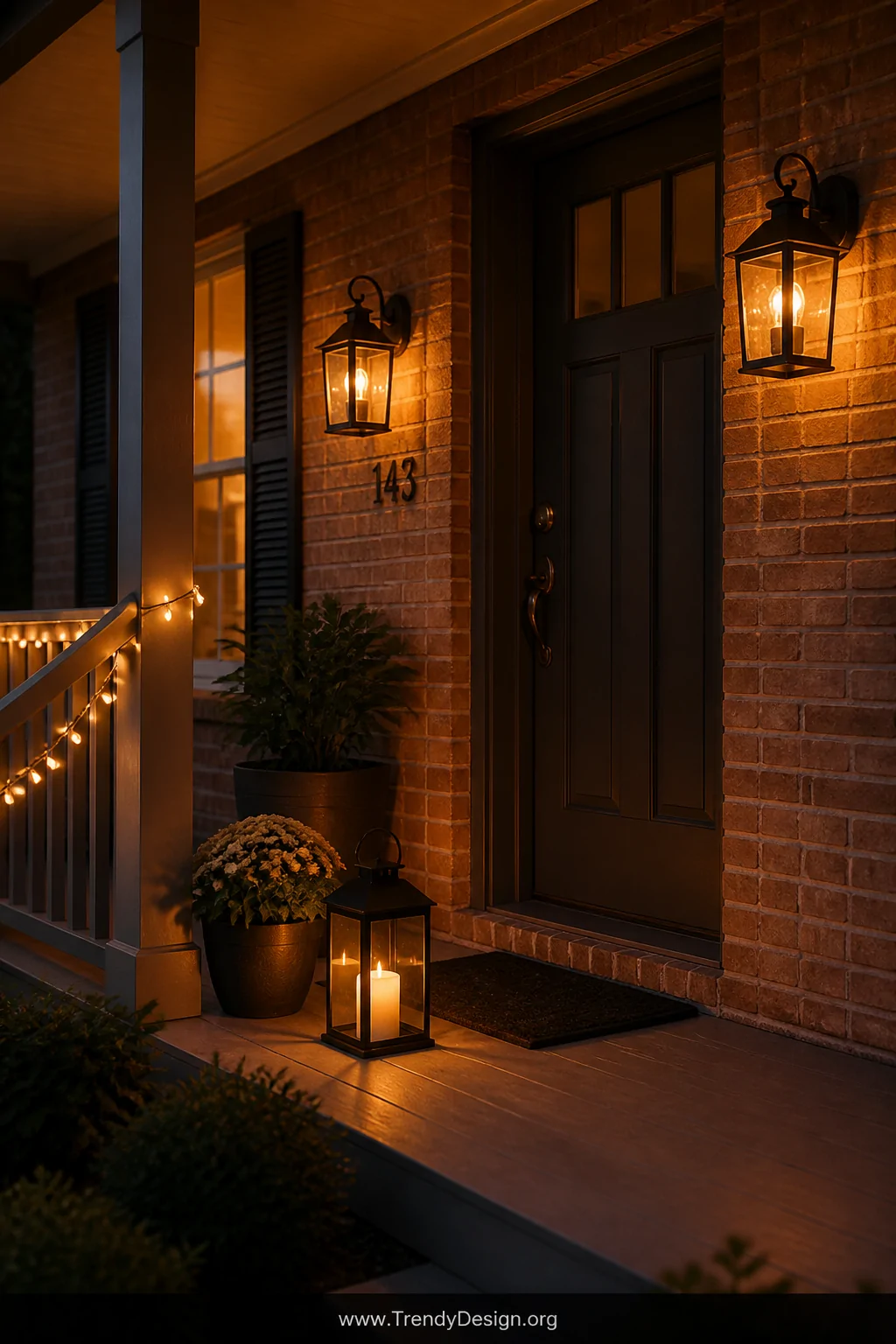 A wide atmospheric dusk shot of a small front porch bathed in warm amber glow from two black lantern sconces flanking a charc