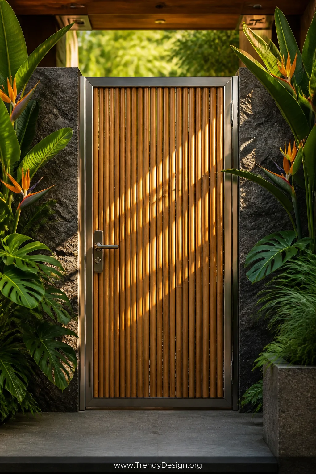A medium shot of a sophisticated bamboo panel gate framed within a brushed steel rectangular frame, set between textured dark