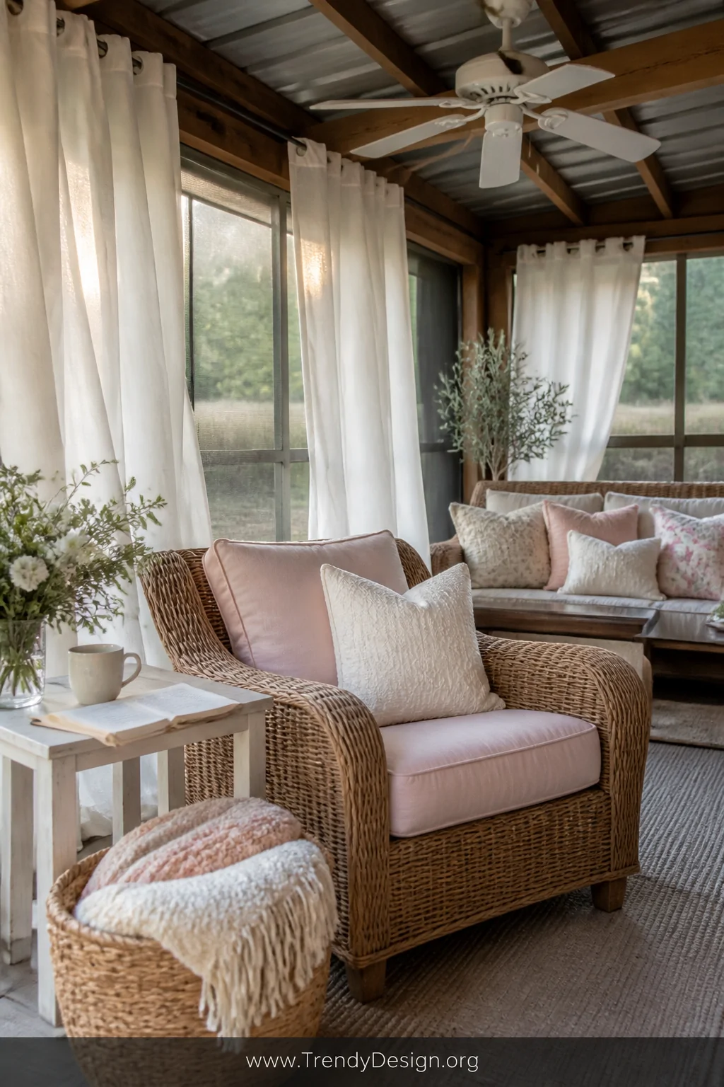 A cozy closeup photorealistic shot inside a screened-in pole barn porch sanctuary, highlighting natural wicker furniture with