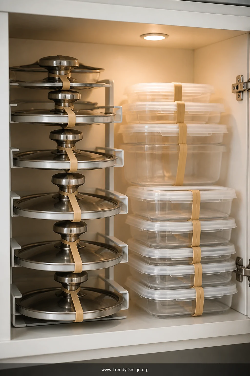 A close-up shot inside a deep white kitchen cabinet showing stacked stainless steel pot lids with thick rubber bands looped a