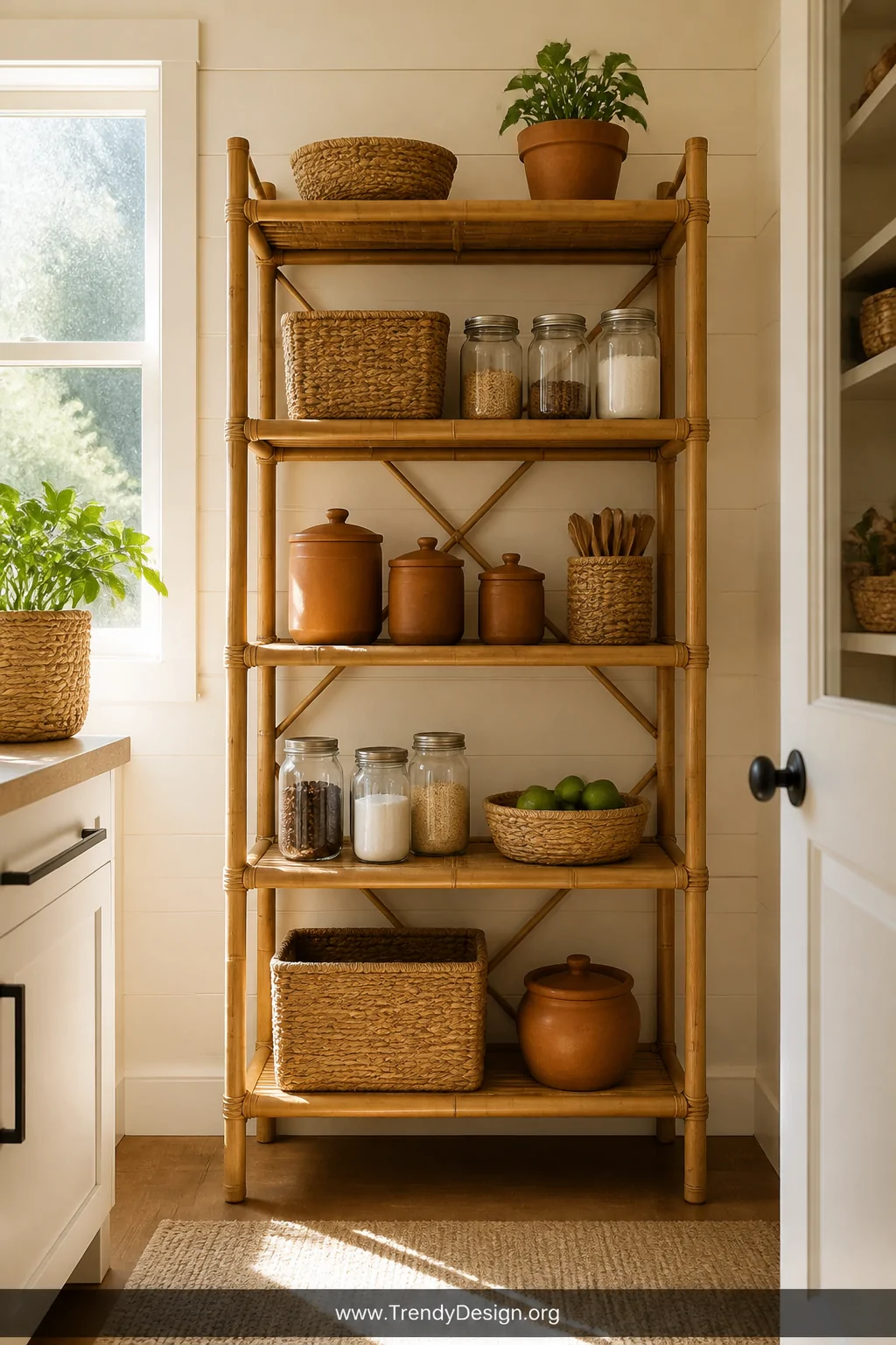 Wide shot of a freestanding bamboo shelving tower standing against a cream shiplap wall inside a bright pantry space, five sh