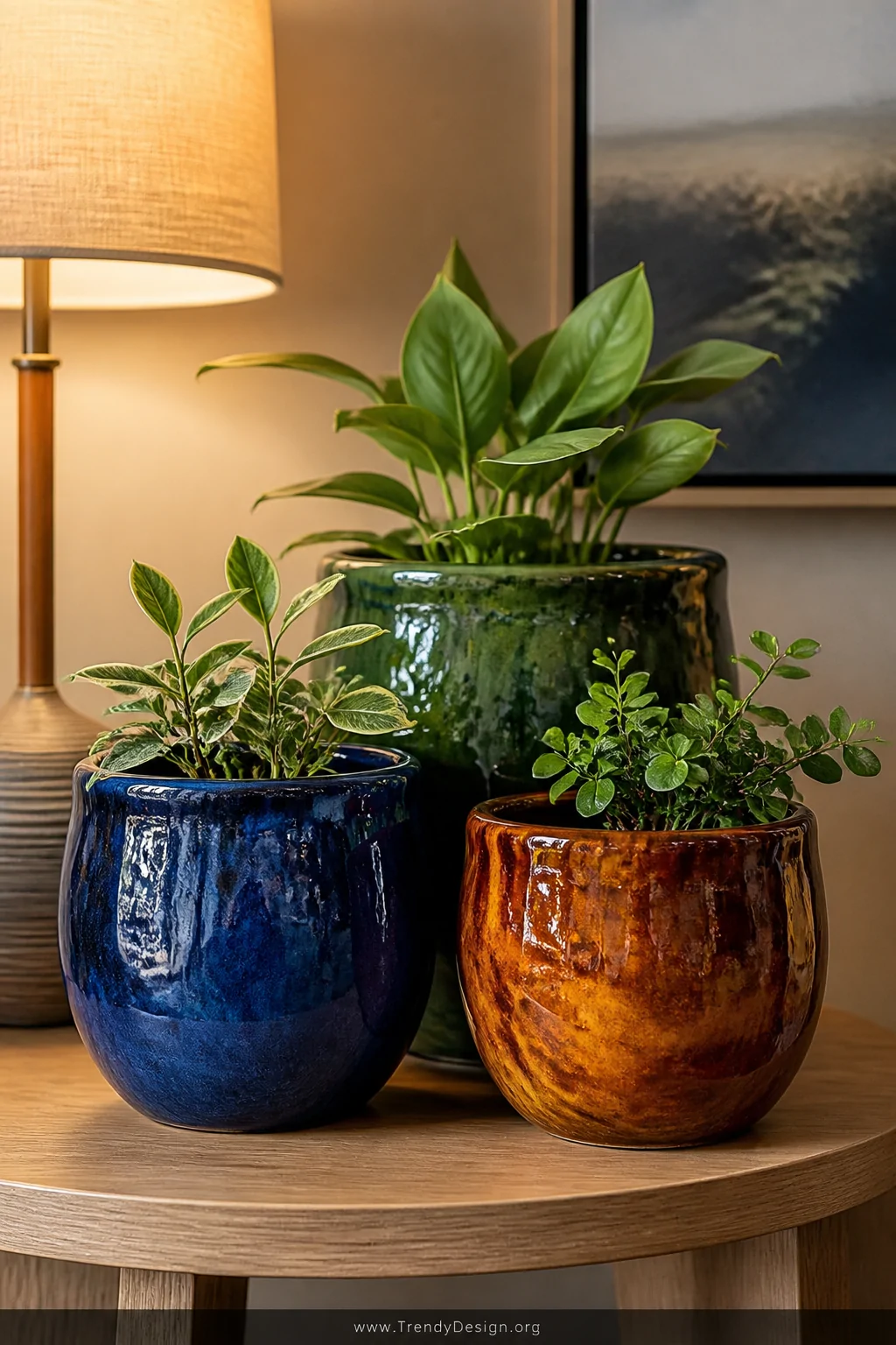 A close-up detail shot of three hand-thrown glazed ceramic pots in rich cobalt blue, deep forest green, and warm burnt amber 