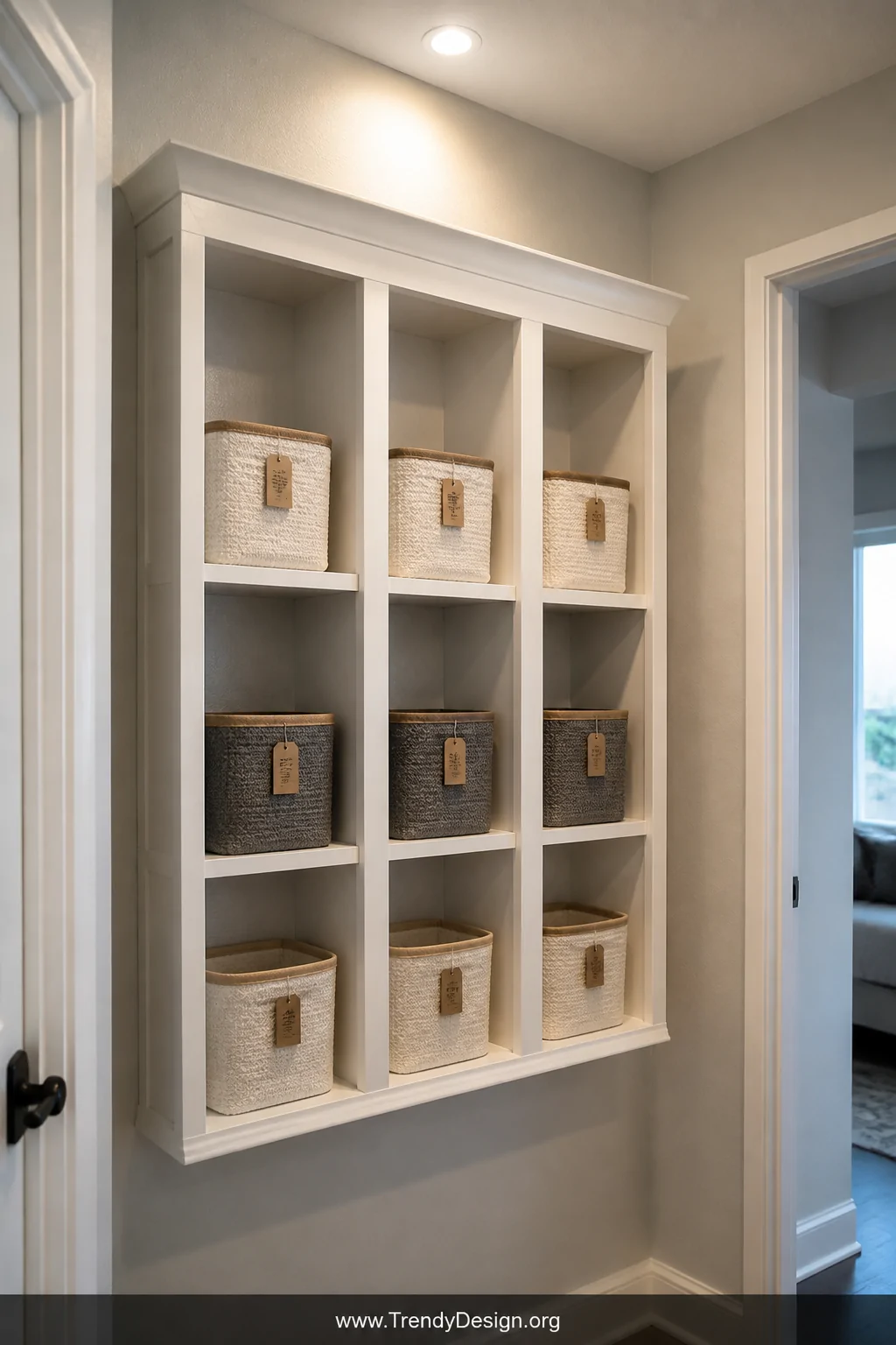 Medium shot of three white-painted wooden wall-mounted cubbies arranged side by side in a narrow hallway with pale grey walls