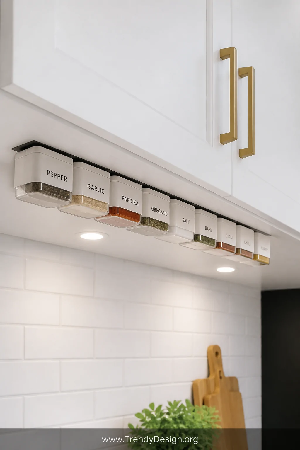 A closeup photorealistic interior design image of the smooth white-painted underside of a kitchen cabinet with small matching