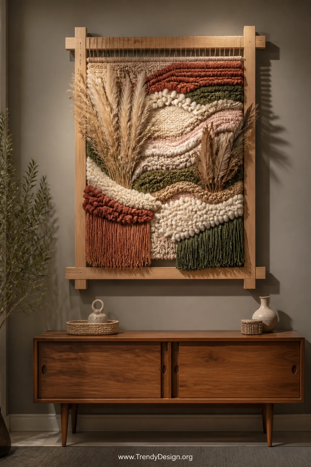 A richly textured handwoven wall art piece mounted on a natural pine frame featuring blush, rust, cream, and forest green yar