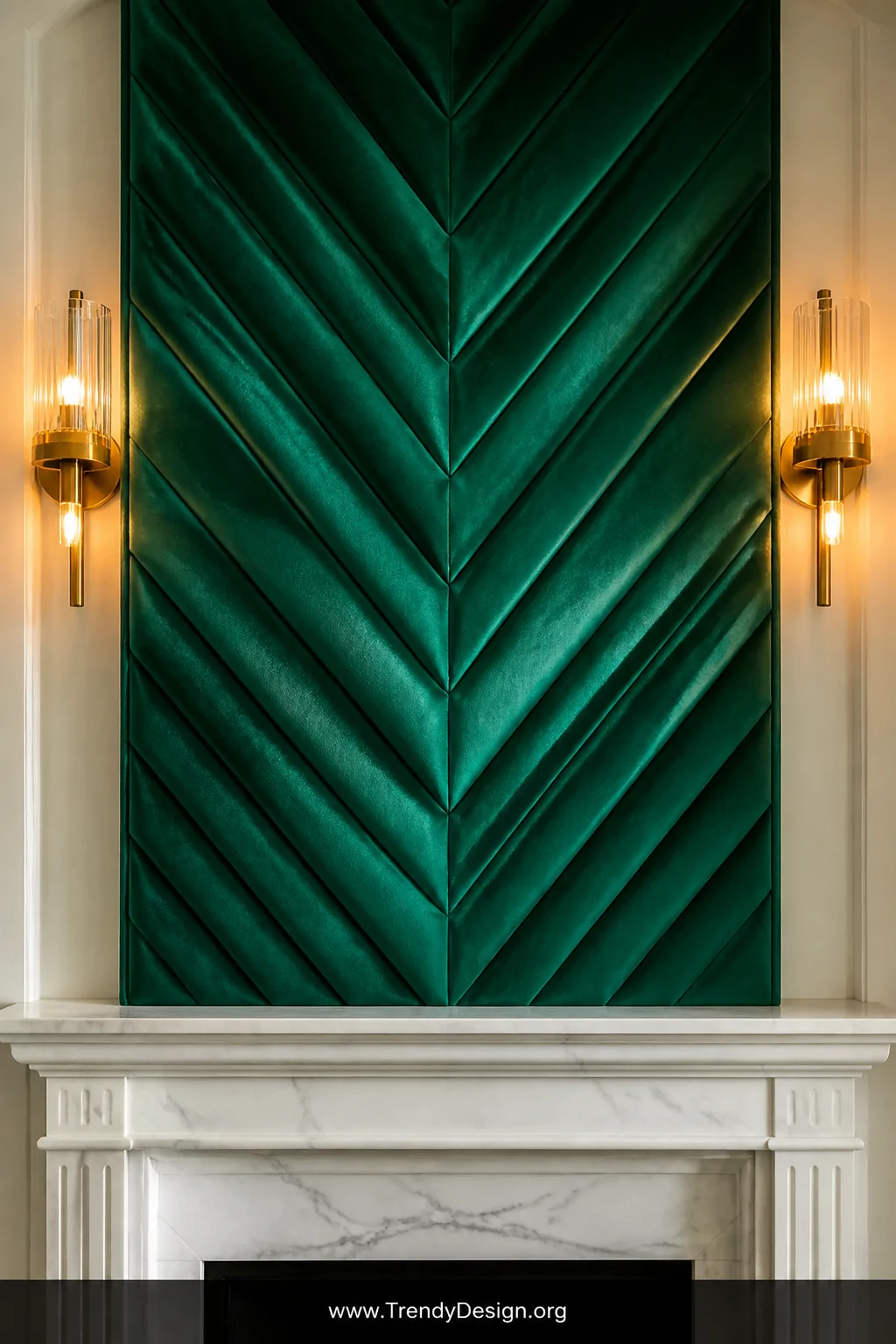 A close-up architectural detail shot of a jewel-toned emerald velvet fabric wall panel mounted above a white marble fireplace