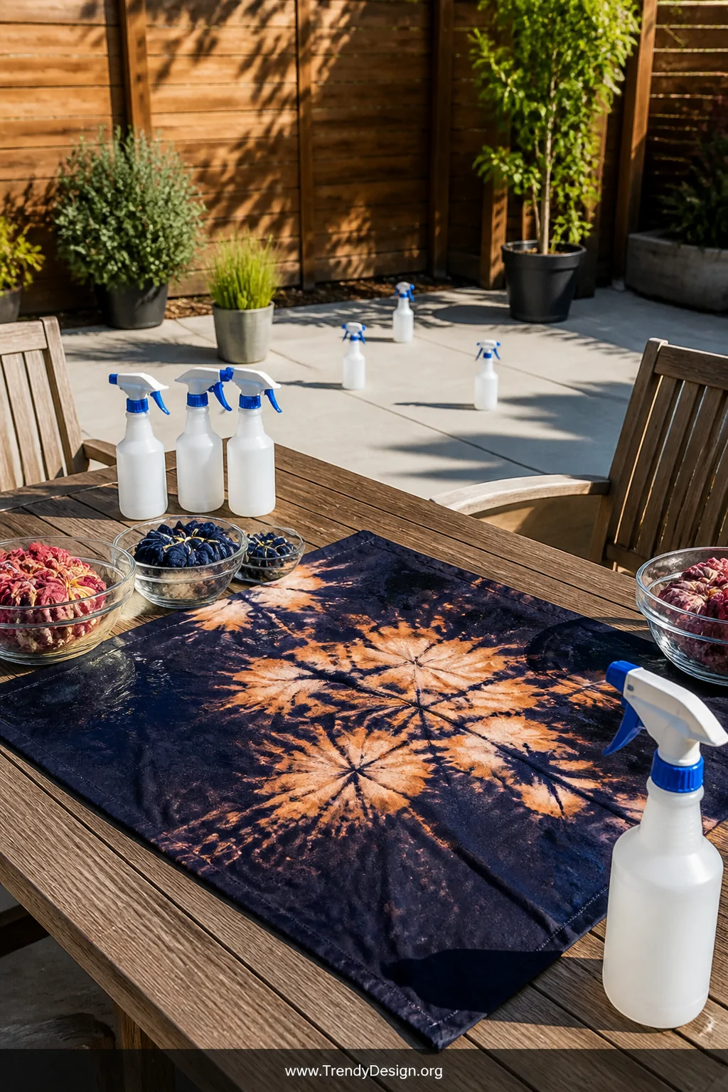 A sun-soaked outdoor patio workspace with concrete pavers and scattered bleach spray bottles catching brilliant midday light,