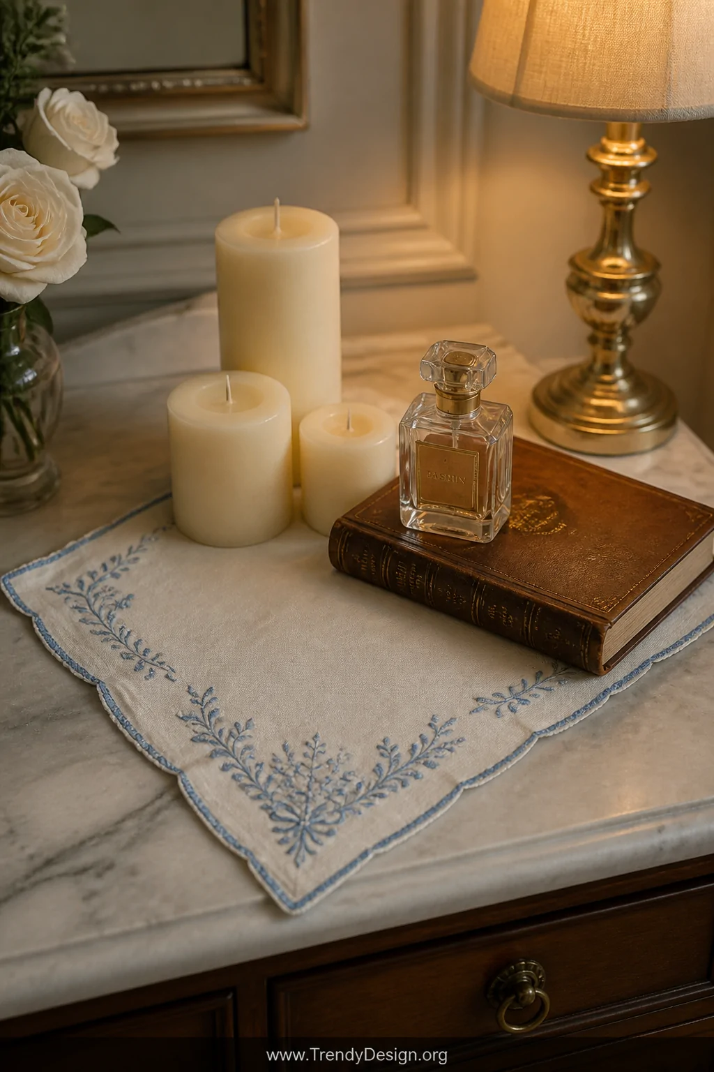 A styled vanity tray closeup on a marble nightstand surface, a single ivory vintage handkerchief with delicate blue embroider