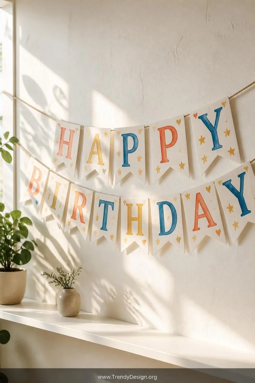 Medium shot of a hand-painted watercolor birthday banner strung with natural twine across a bright white plaster wall, triang