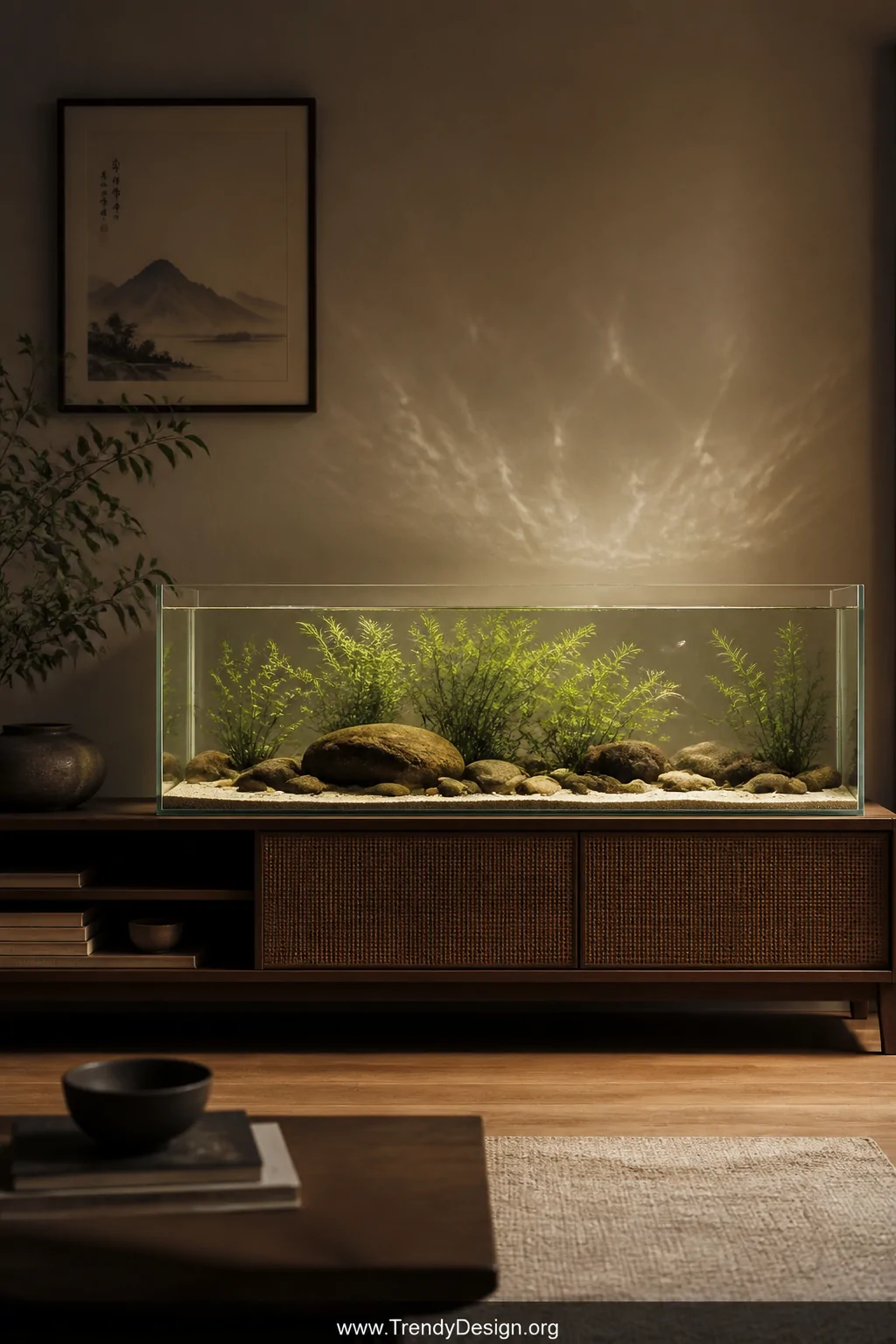 Wide shot of a naturalistic biotope aquarium setup resting on a low wooden sideboard, featuring fine pale river sand substrat