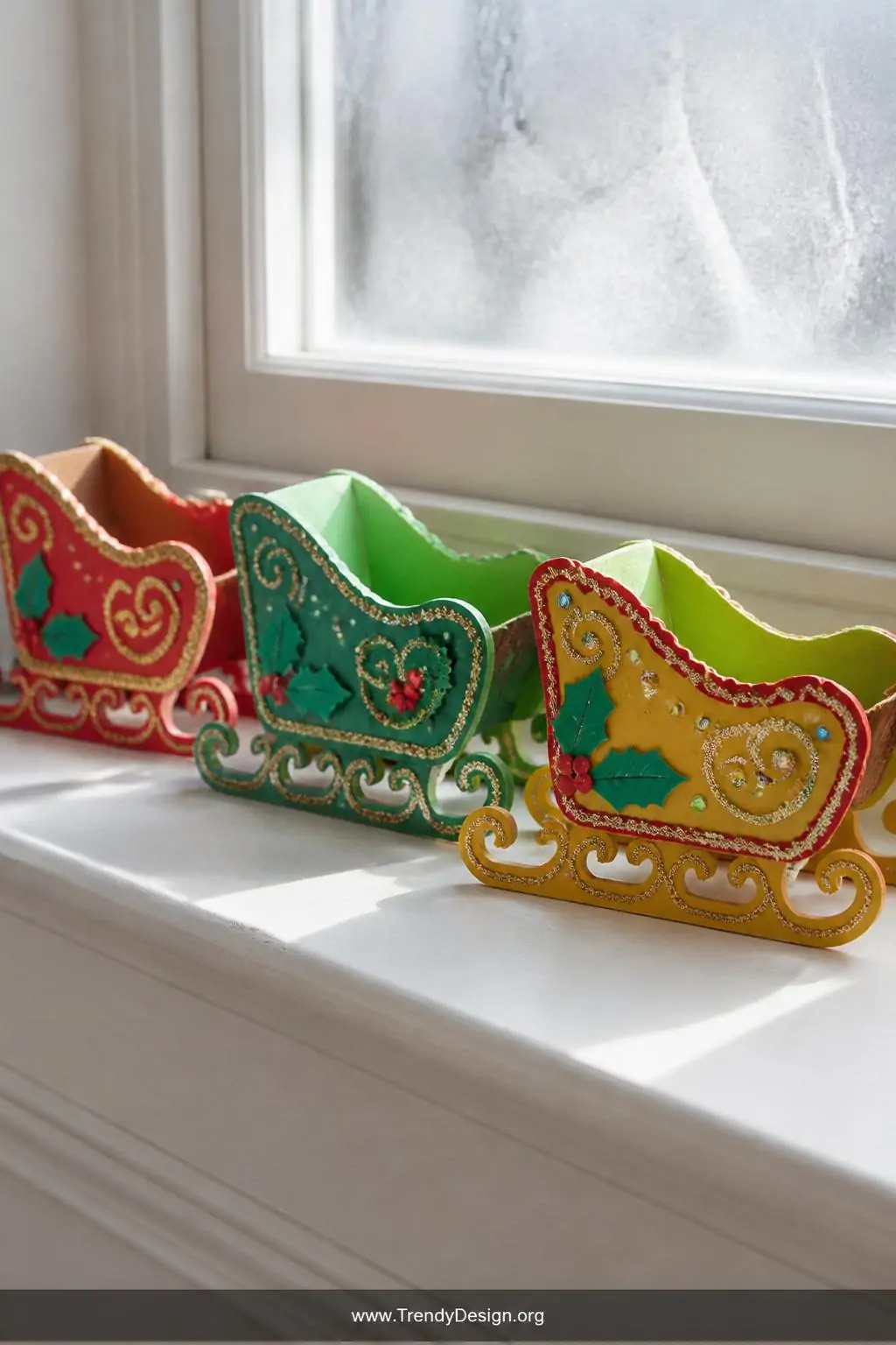 A closeup of a windowsill vignette displaying a colorful row of small handmade foam and felt tabletop sleighs in red, green, 