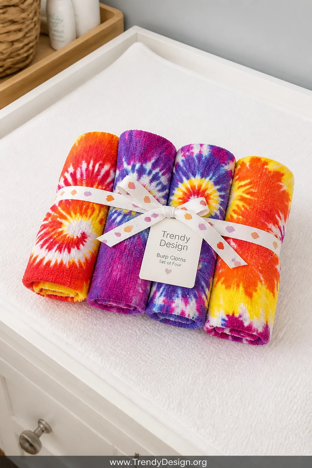 A close-up shot of rainbow tie-dye terry cloth burp cloths bundled in a set of four on a white changing table mat, their vibr