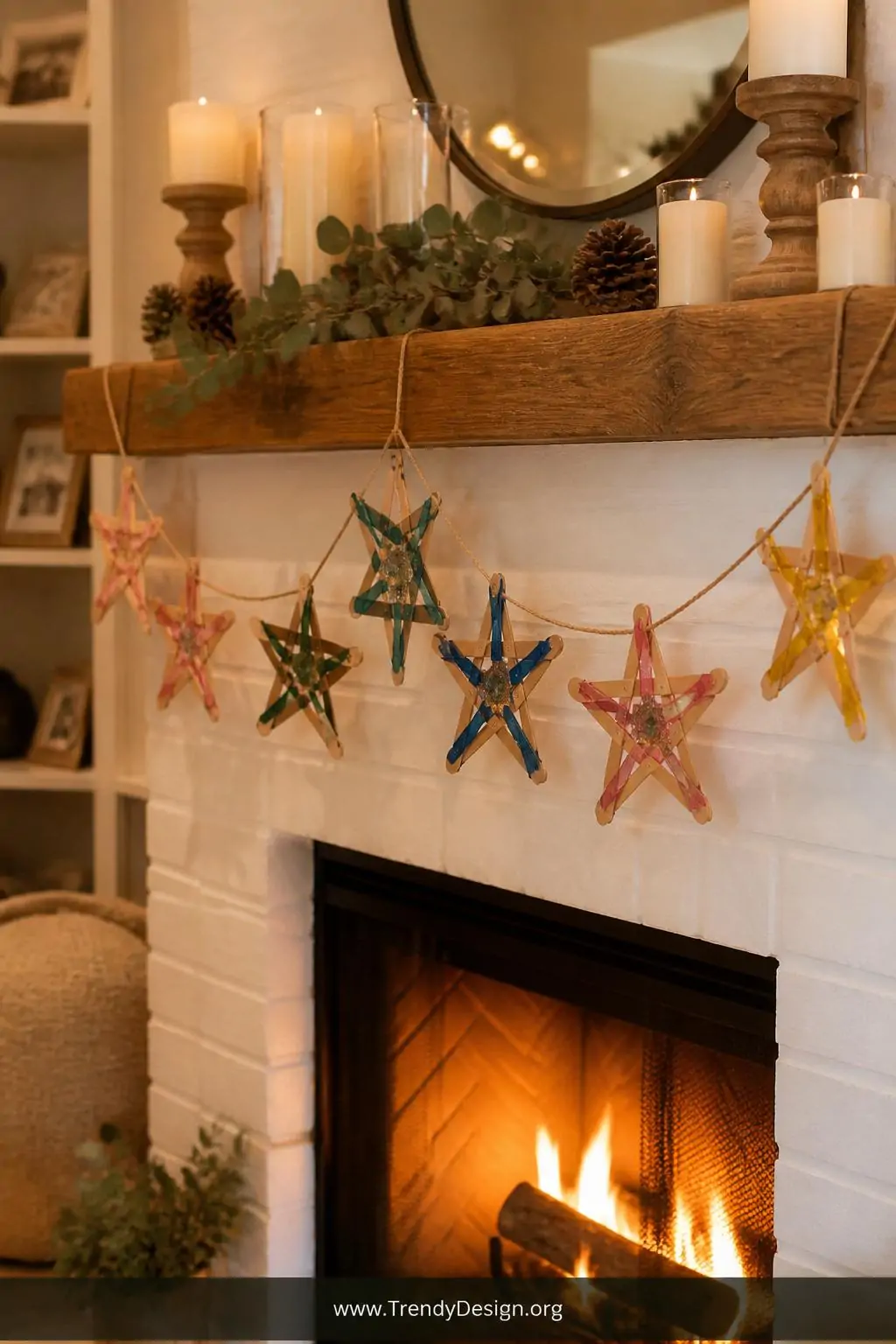 A medium photorealistic interior shot of a warm festive living room mantel decorated with a charming handmade garland of tiny