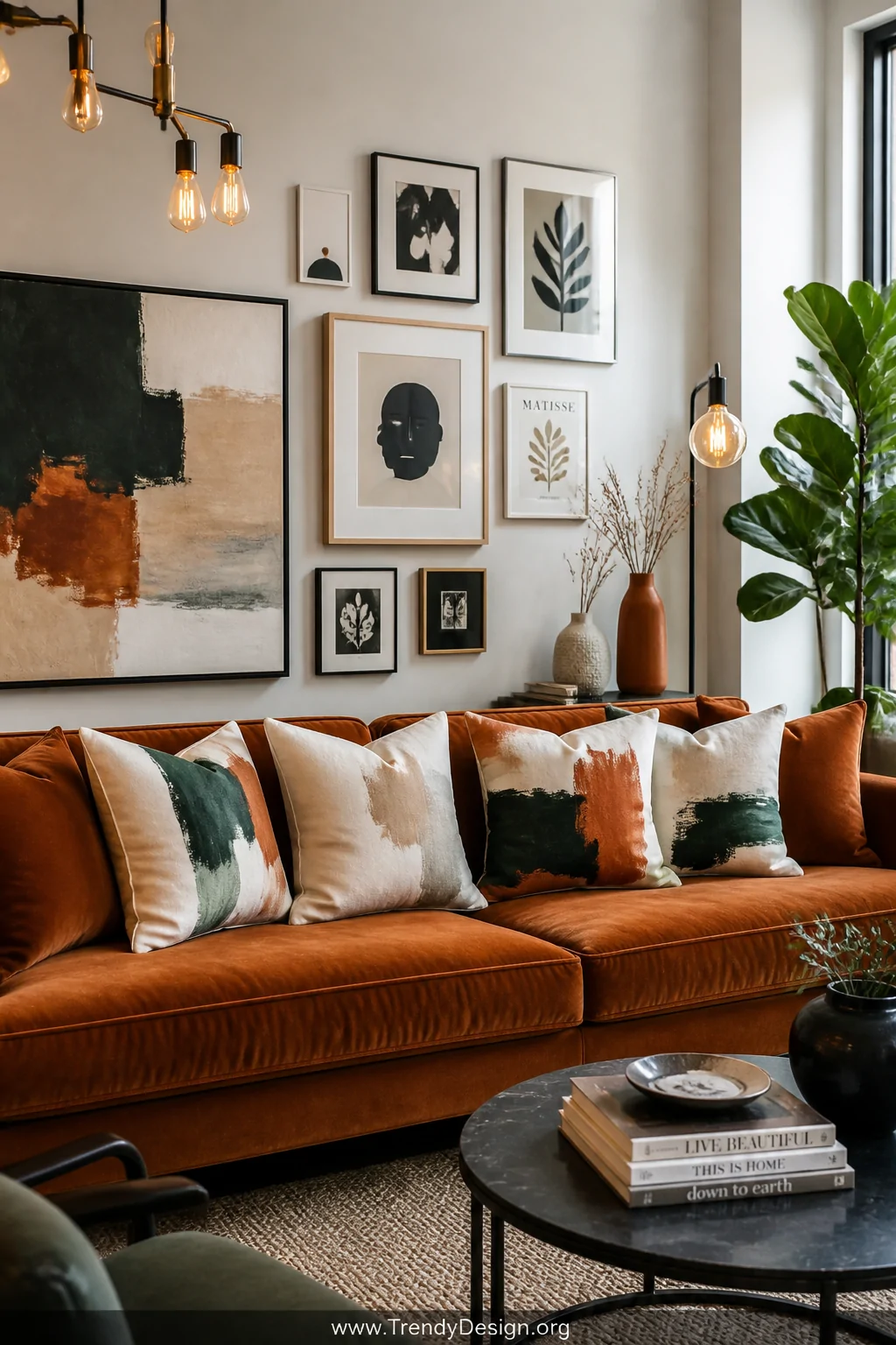 A wide shot of a bright art-forward living room with white canvas throw pillows painted in loose gestural brushstrokes of ter