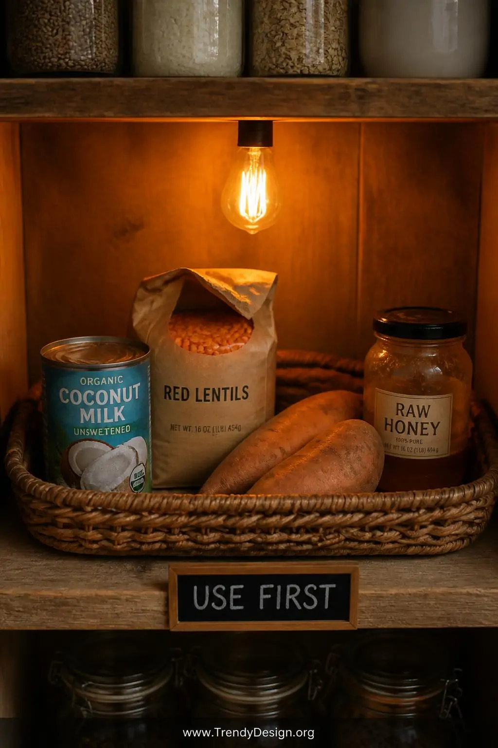 Medium shot of a single dedicated pantry shelf styled as a 