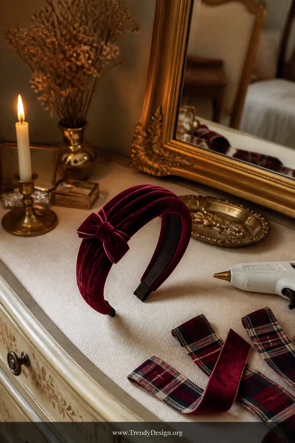 A medium shot of a vintage-inspired dressing table styled with a ribbon-wrapped headband in deep burgundy velvet finished wit