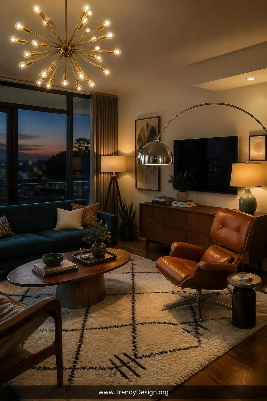 Wide-angle photorealistic interior shot of a mid century modern living room at dusk featuring a large brass Sputnik chandelie