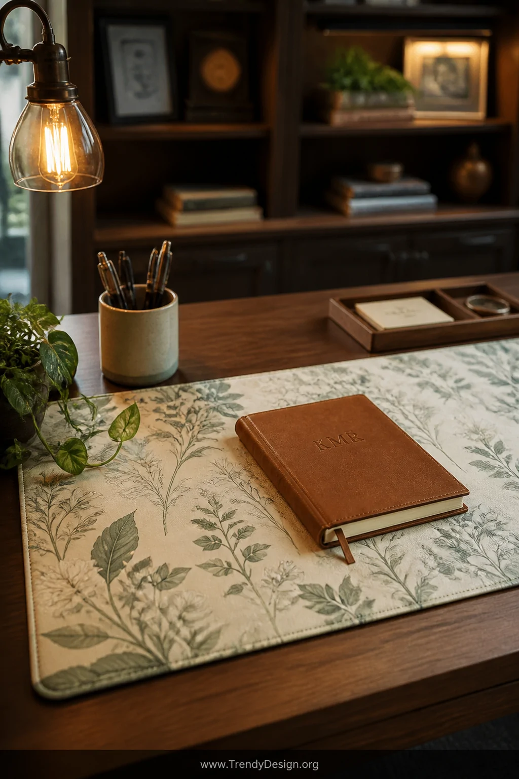 A medium shot of a styled desk featuring a custom desk pad printed with delicate botanical illustrations in sage green and cr