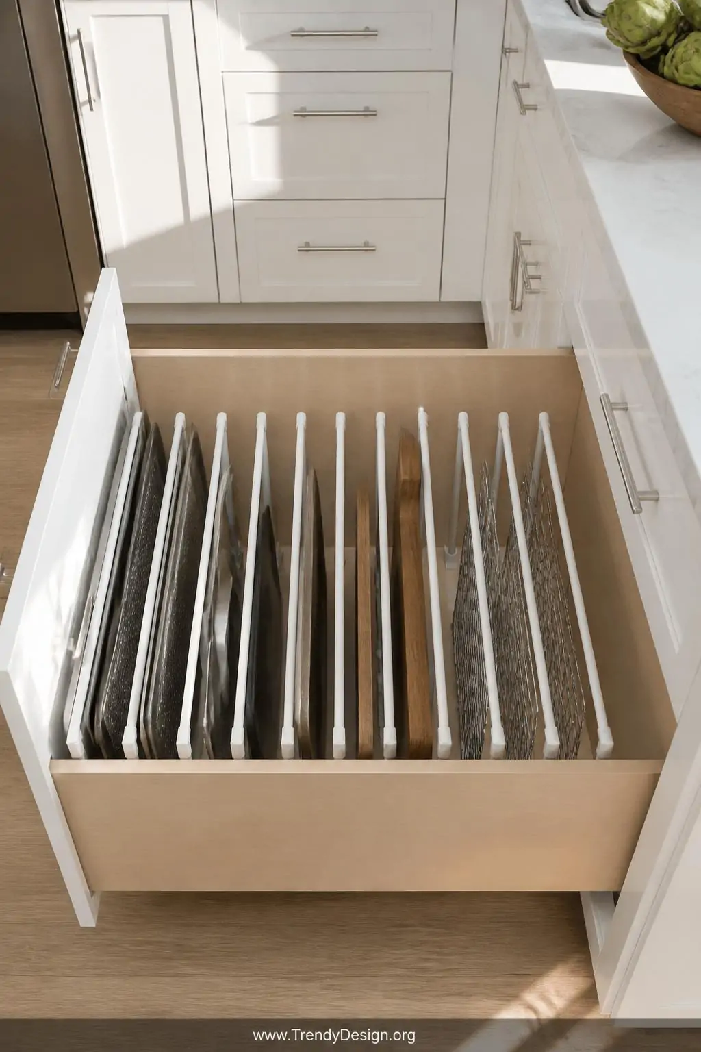 Wide shot of a deep kitchen drawer with multiple white tension rods installed vertically creating organized slots holding she