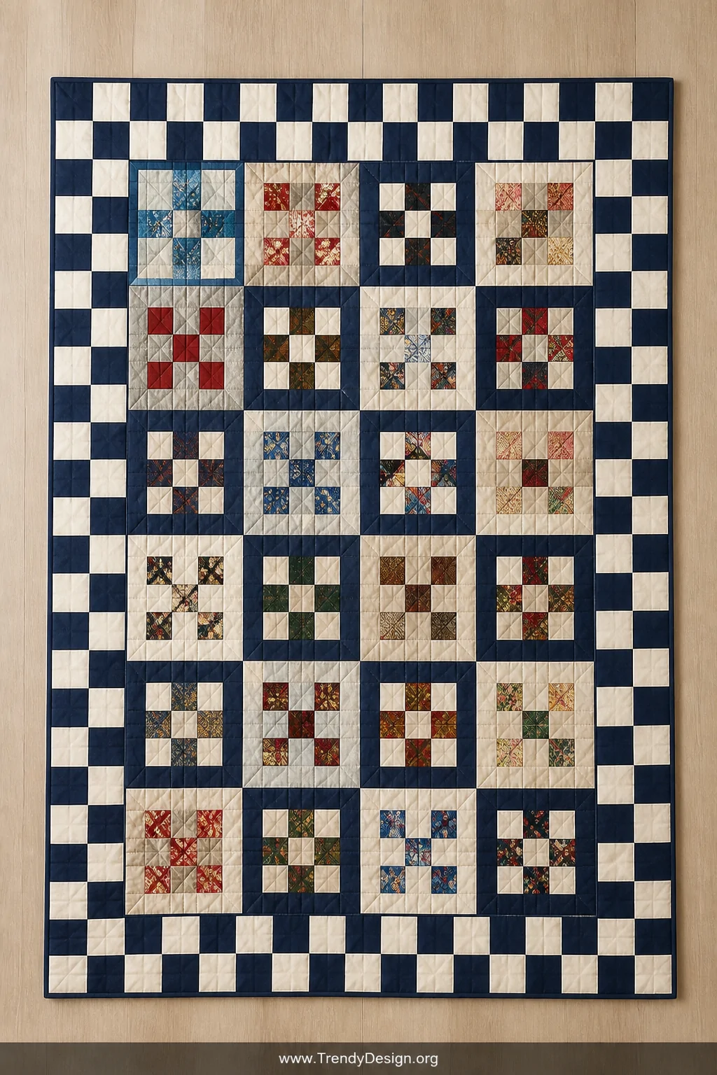 Wide overhead flat-lay of a bold nine-patch checkerboard border quilt on a light oak hardwood floor, graphic squares alternat