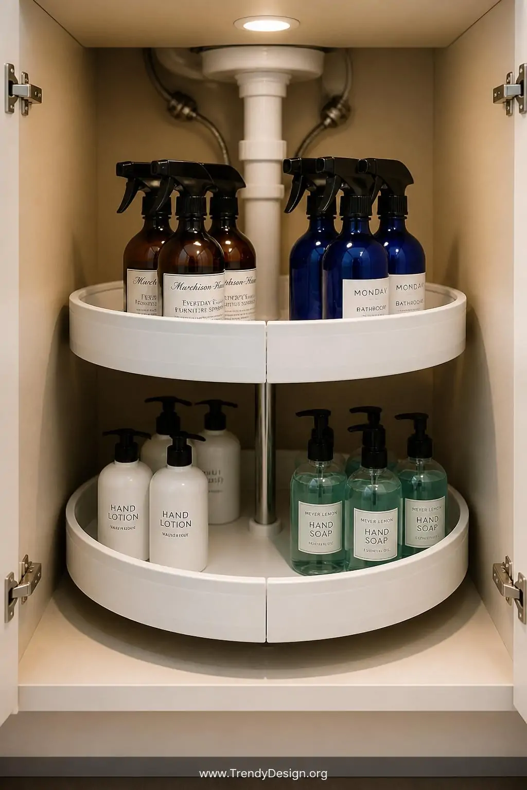 A medium photorealistic interior shot looking directly into a deep kitchen cabinet under the sink, two stacked white turntabl