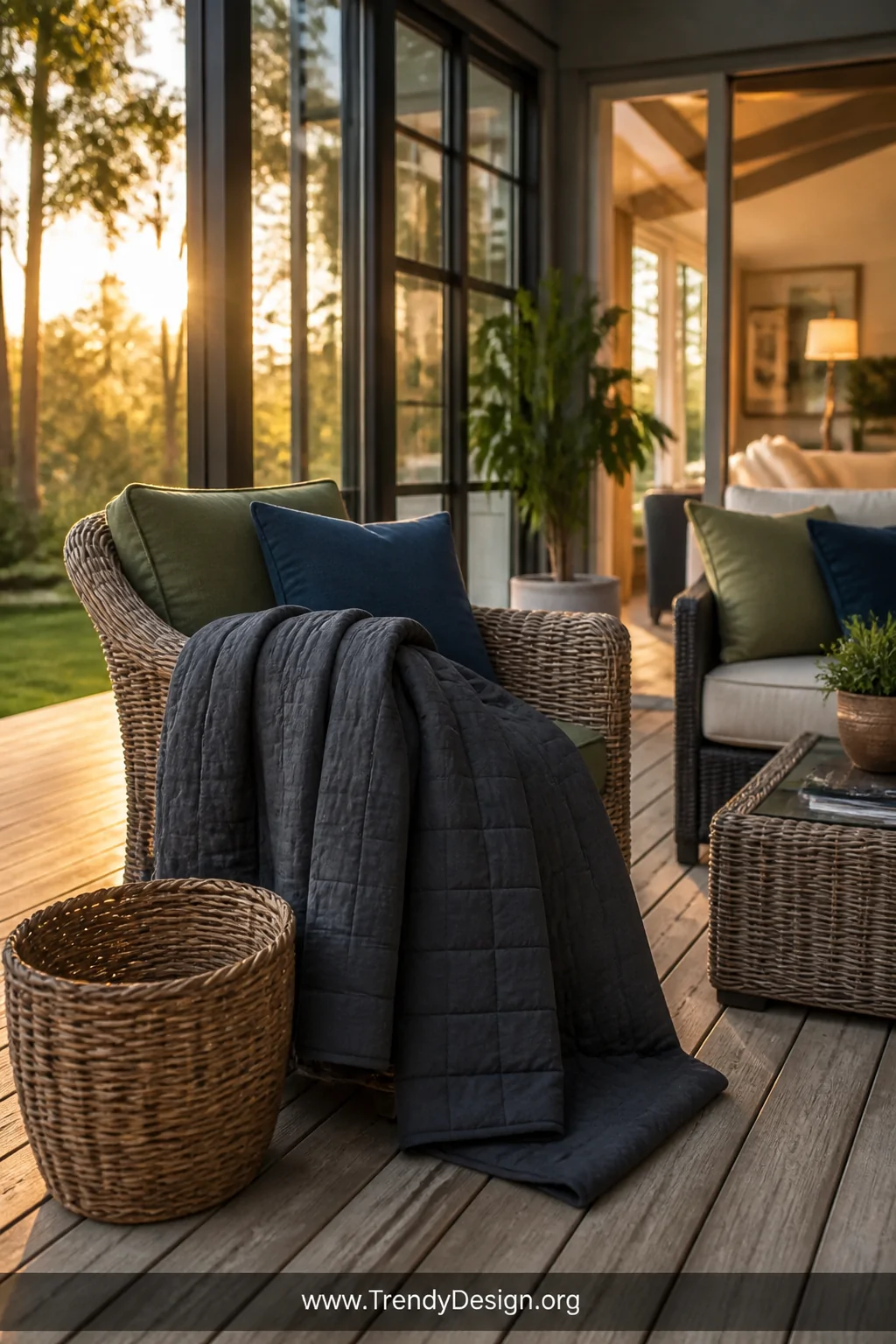 Wide shot of a transitional sunroom and patio space where a charcoal anti-pill fleece quilt with a tight weave rests draped o
