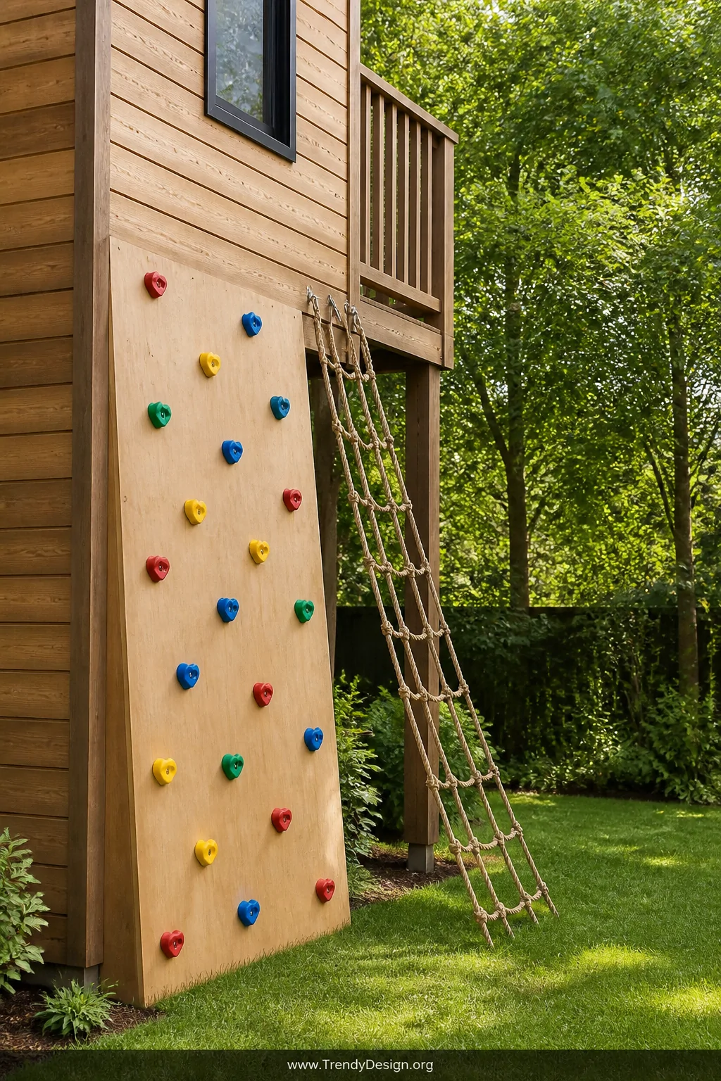 Wide exterior shot of the side of a wooden playhouse with a mounted plywood climbing wall studded with colorful resin climbin