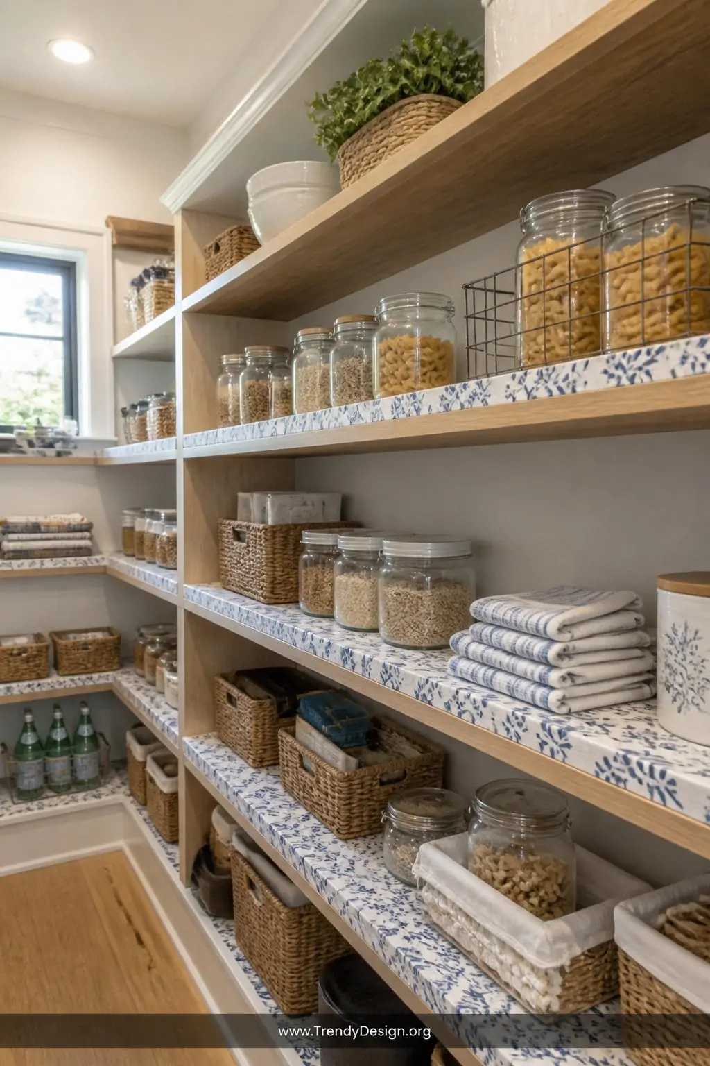 Wide photorealistic interior shot of a bright airy pantry with open wooden shelving lined in crisp linen-white fabric liners 