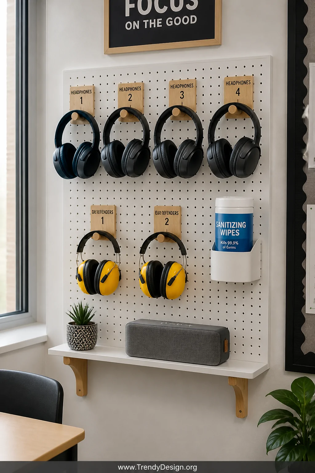 Medium photorealistic shot of a tidy headphone station built on a small white pegboard mounted to a classroom wall, showing f