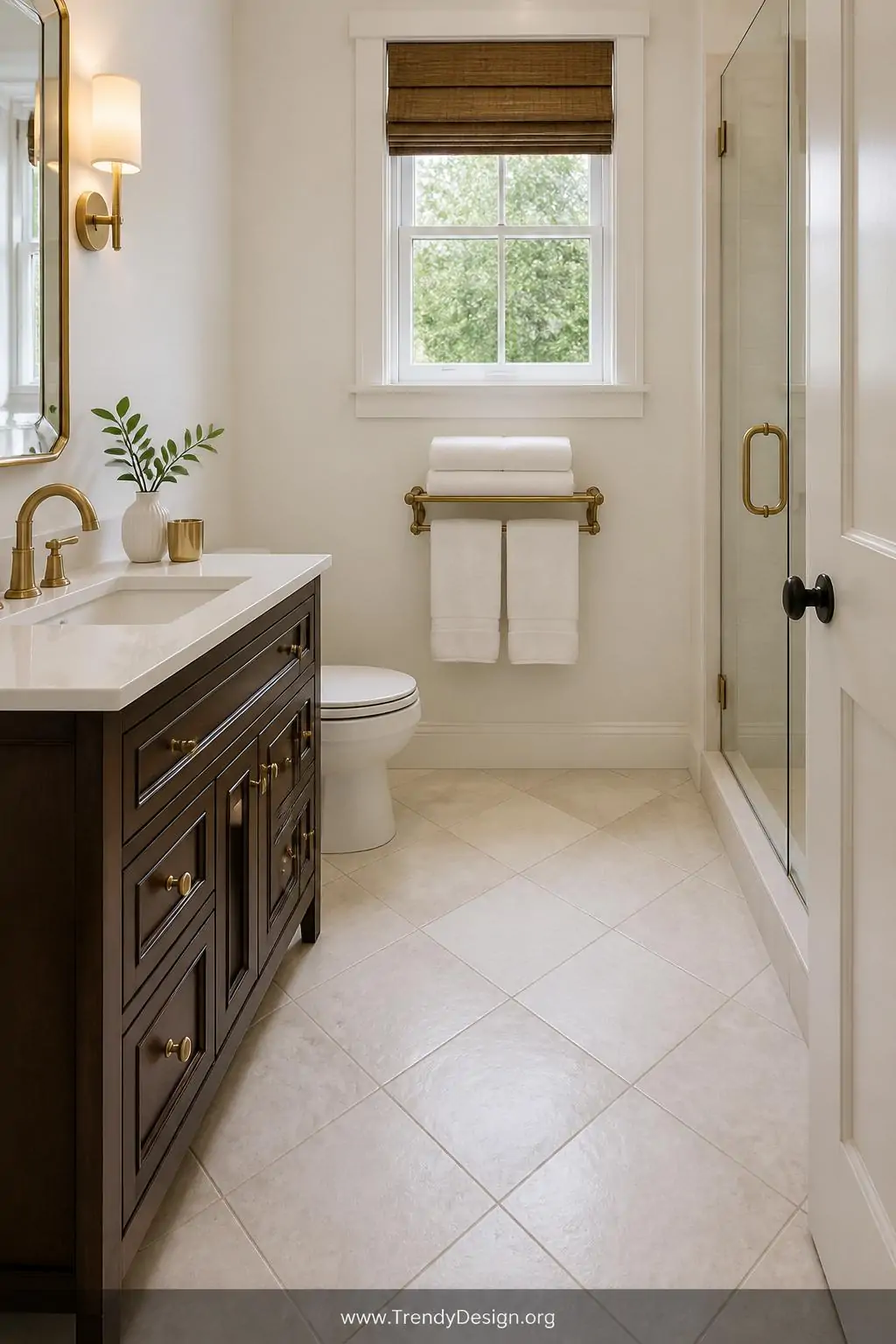 Medium photorealistic interior design shot of a small bathroom floor laid with square neutral ivory tiles installed at a prec