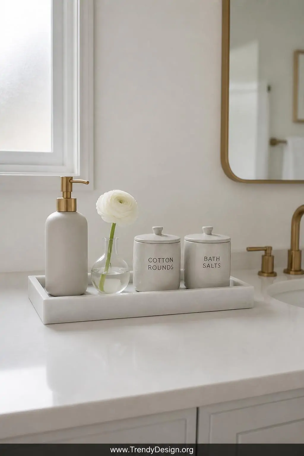 A photorealistic wide-shot bathroom counter styled with deliberate minimalism, a white marble tray corralling a matte ceramic