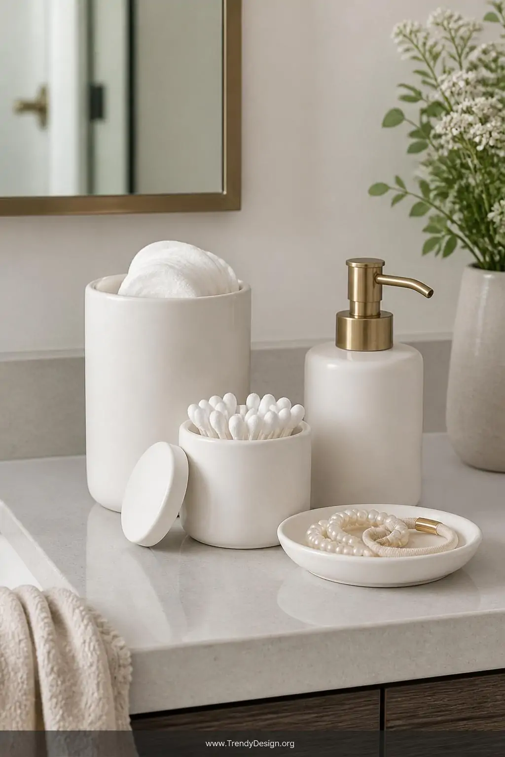 Medium shot of a coordinated set of matte white ceramic canisters and a brushed brass pump soap dispenser arranged on a pale 