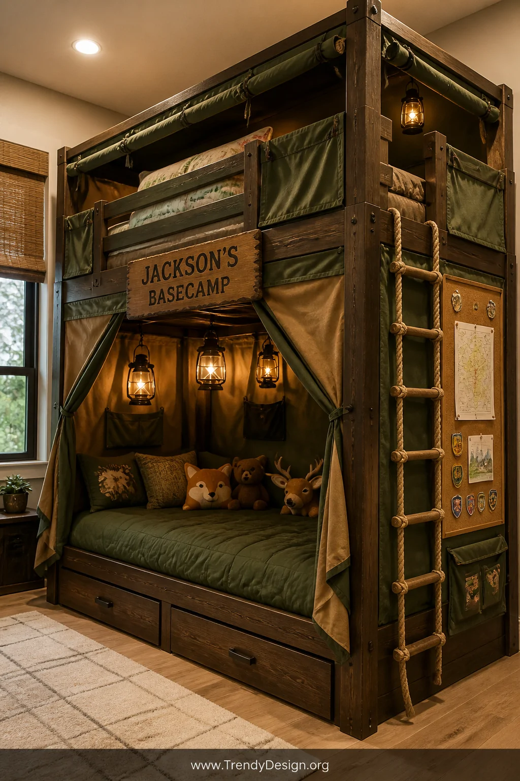 Wide room shot of a bunk bed styled as a wilderness basecamp fort with khaki and olive green canvas fabric panels hanging fro