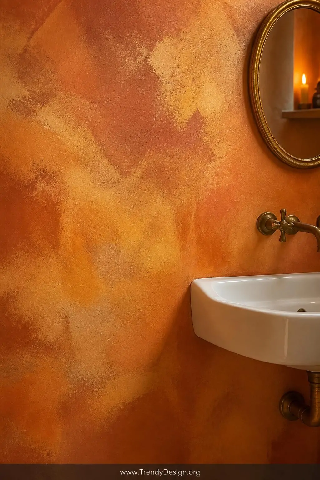 A closeup photorealistic interior shot of a bathroom accent wall finished in layered limewash paint in warm terracotta and ag