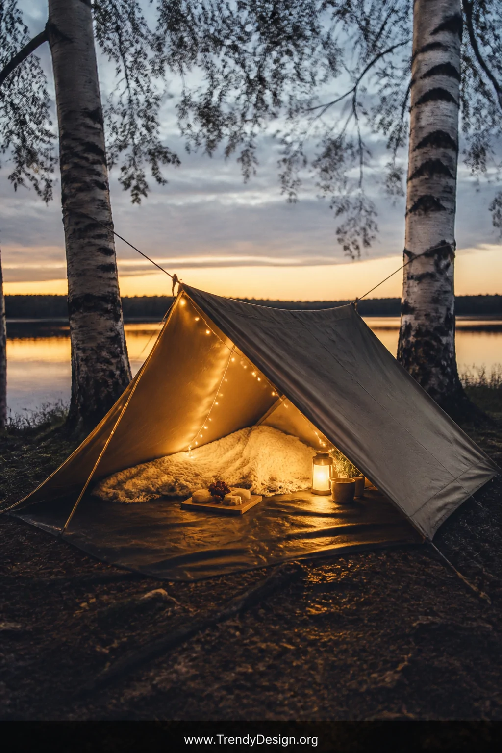 Medium dusk shot of a rustic A-frame canvas tarp shelter pitched low between two birch trees with paracord ridgeline, corner 