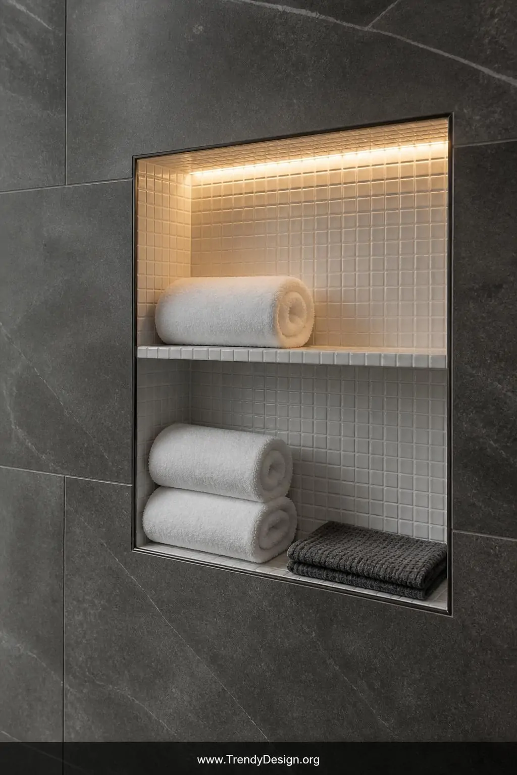 A photorealistic close-up architectural shot of a deep recessed wall niche built flush into a floor-to-ceiling large-format c