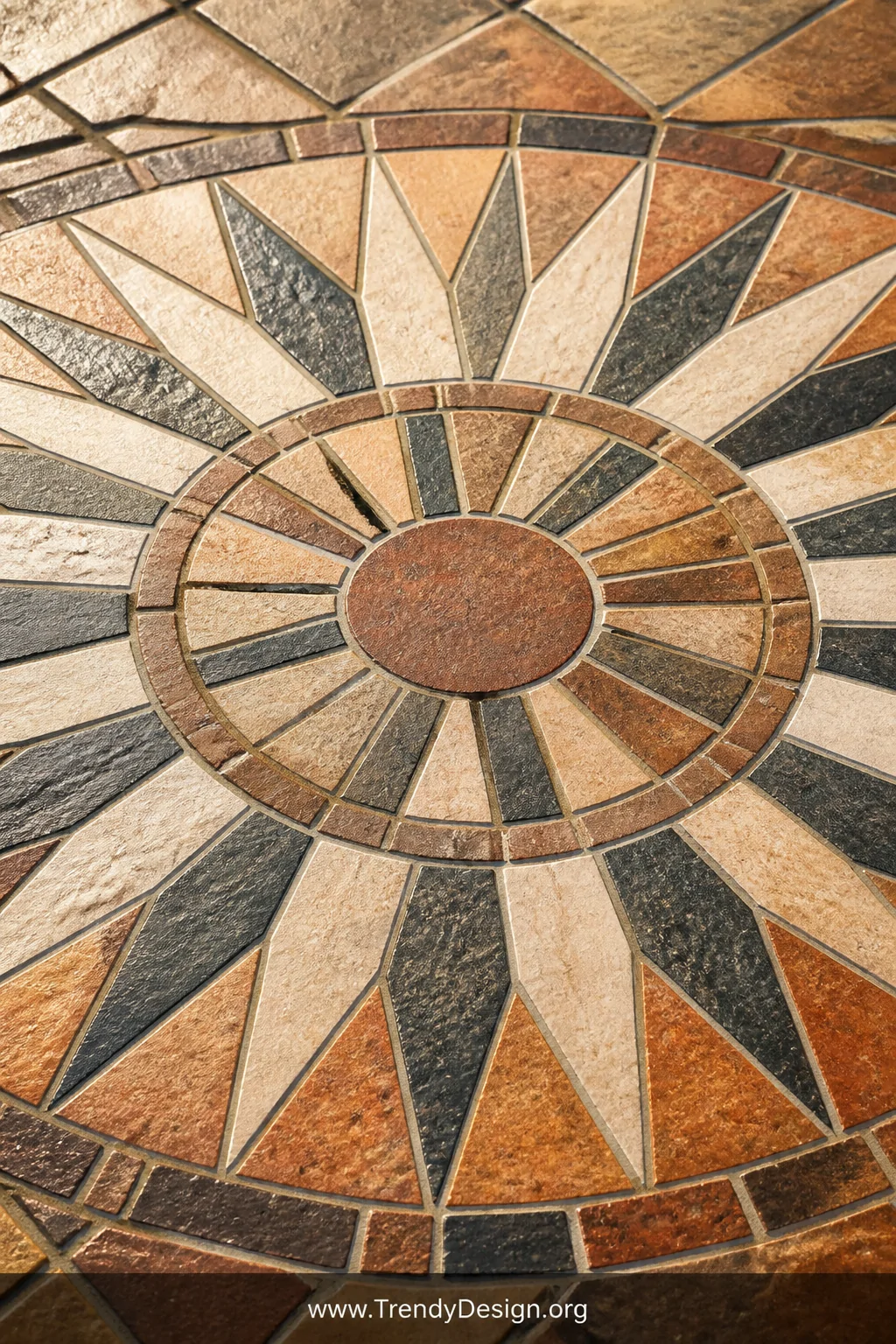 Closeup detail photorealistic shot of an intricate sunburst mosaic stone inlay pattern set directly into a patio surface, ric