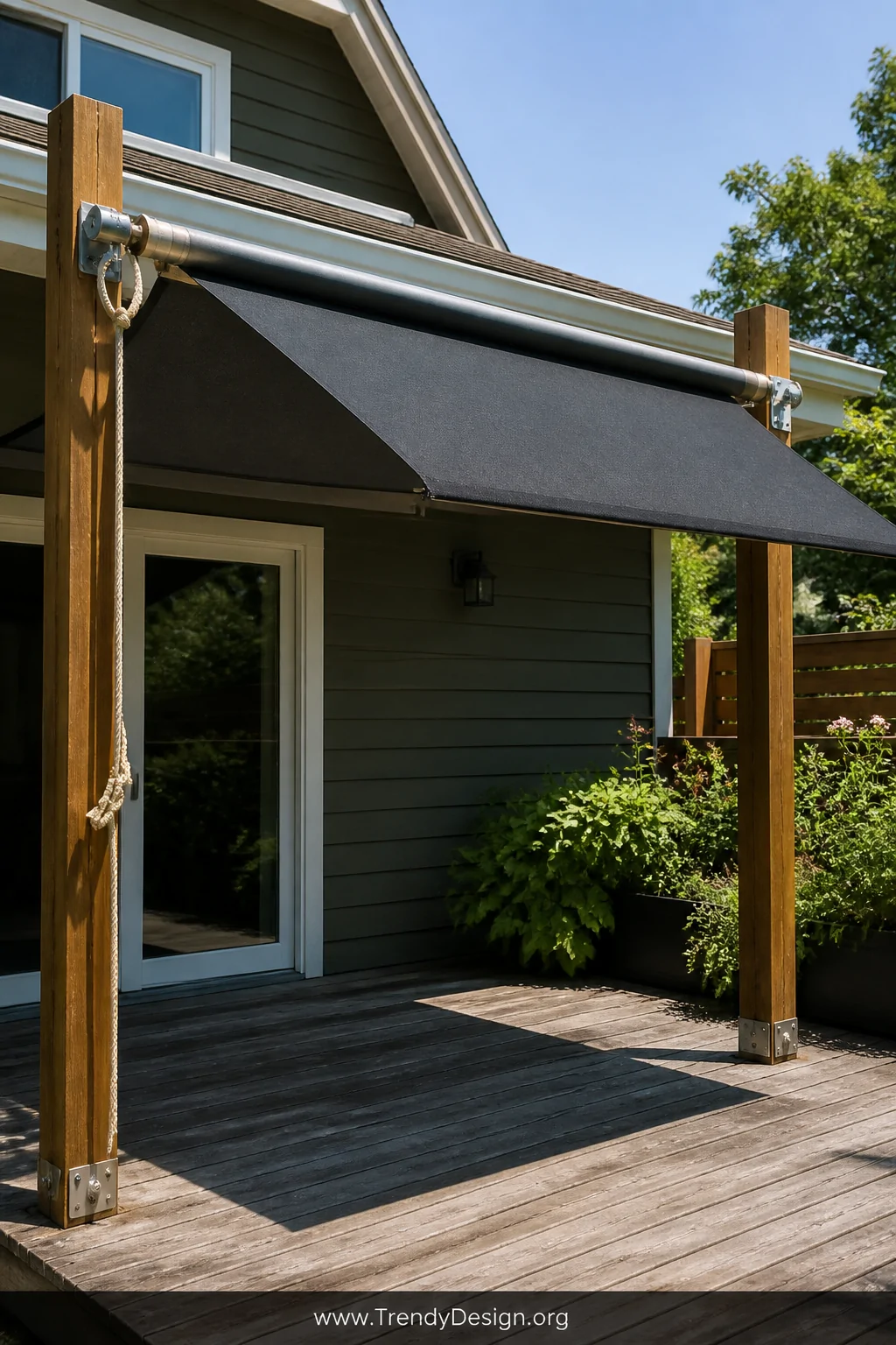 Detail and medium photorealistic shot of a DIY retractable awning system mounted between two stained cedar support posts, a s