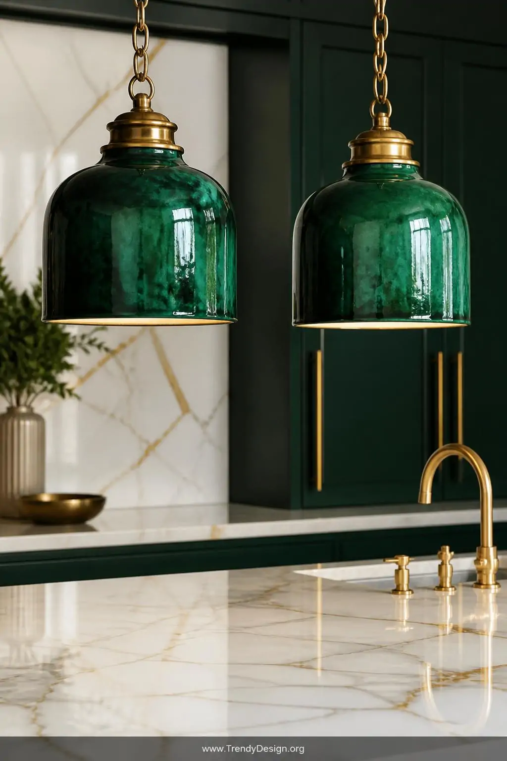 Closeup photorealistic interior design shot of two bold hand-painted emerald green ceramic pendant lights hanging over a pris