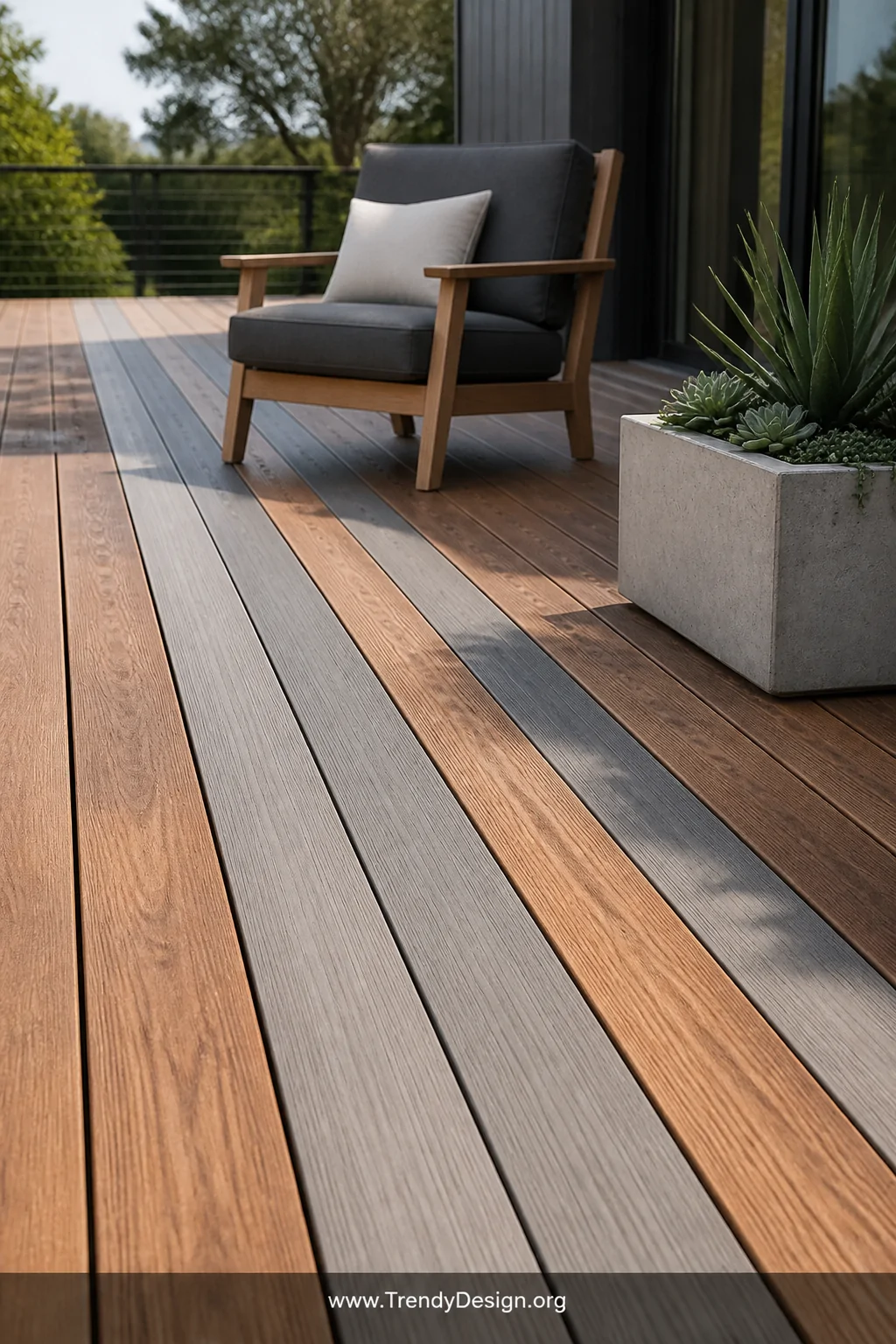 Medium shot of a modern deck surface combining original warm-toned natural wood planks with newly installed composite decking