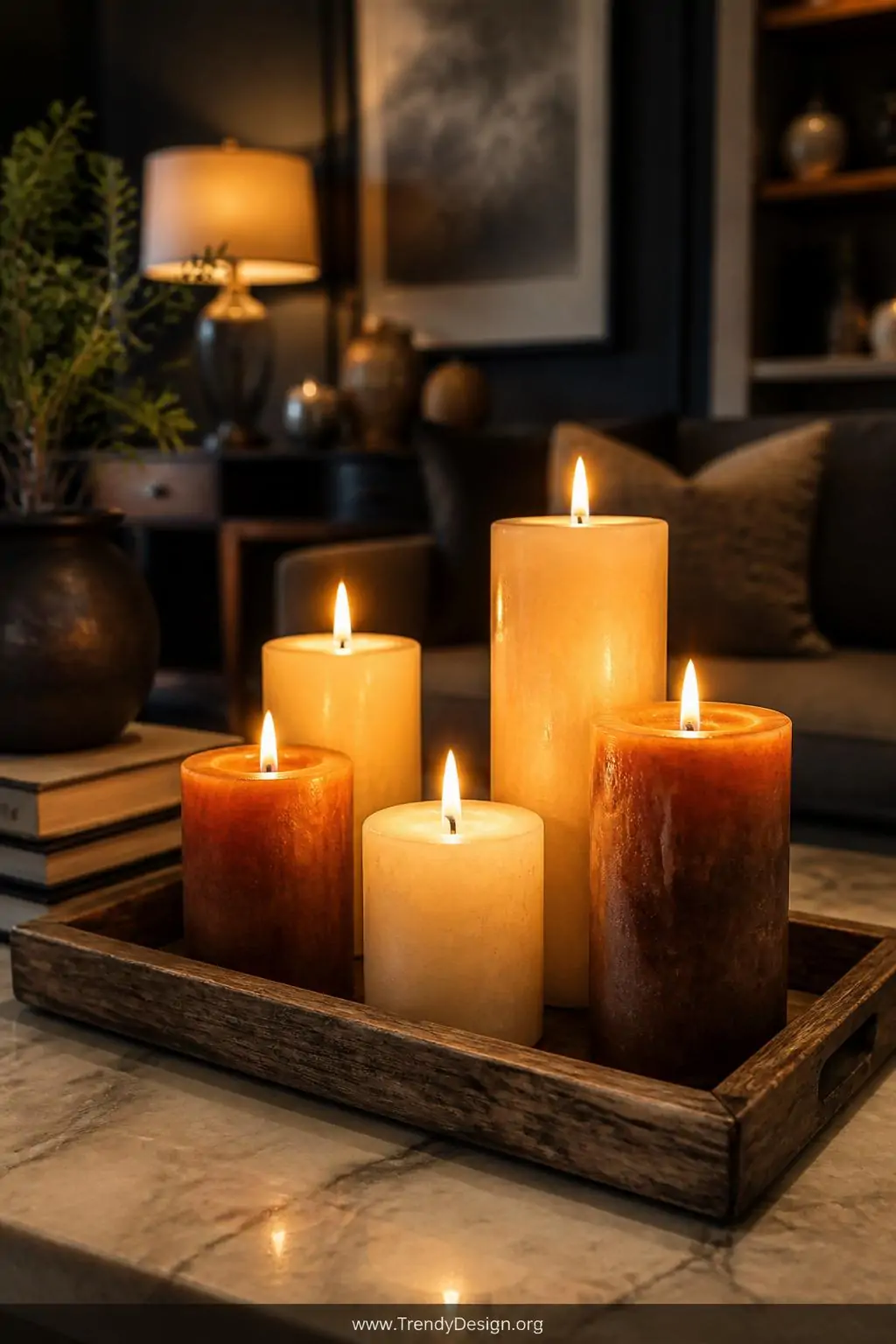 Closeup shot of a weathered wooden tray on a marble coffee table holding five pillar candles of varying heights in cream and 