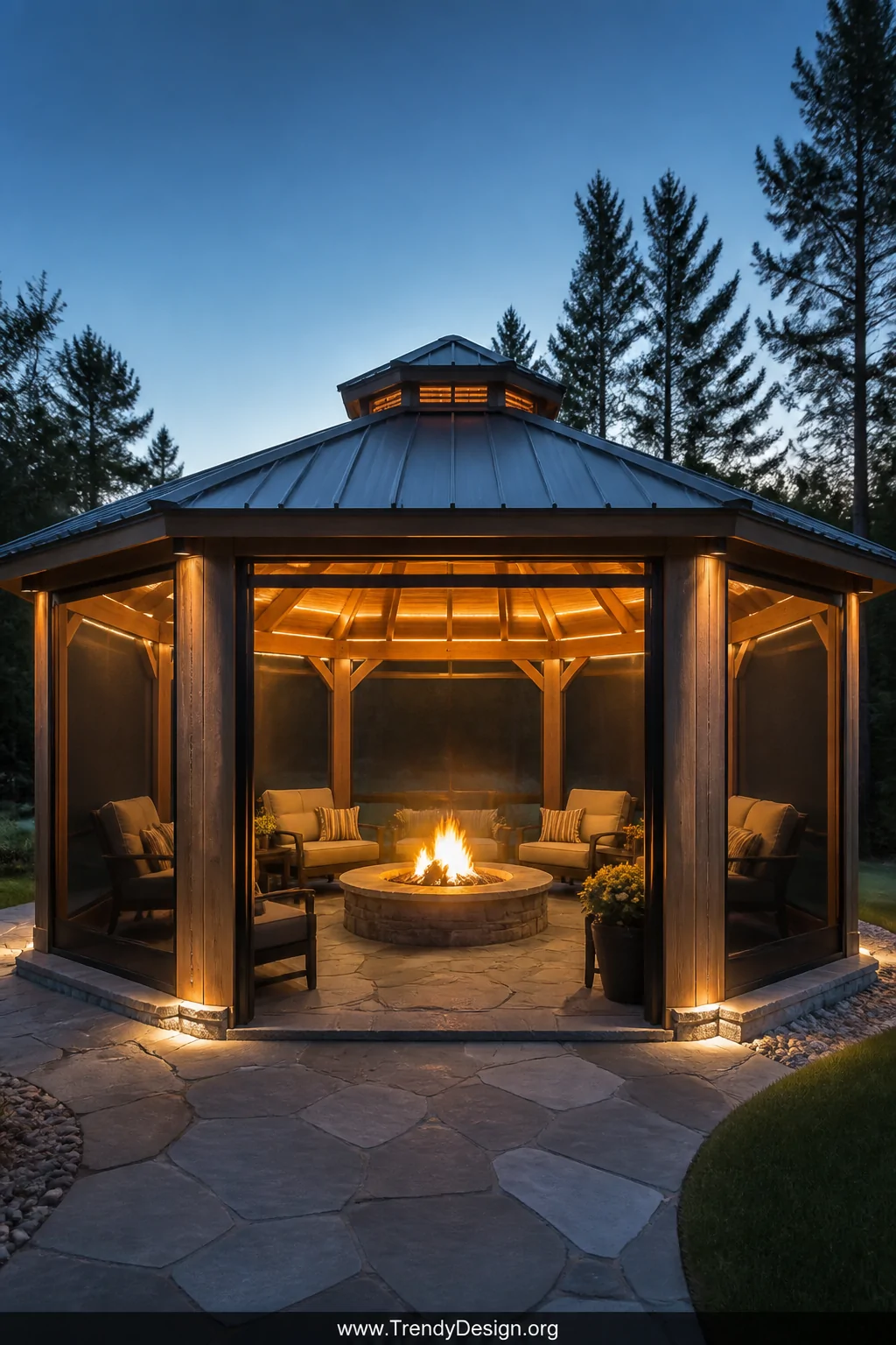 Wide photorealistic shot of an octagonal DIY gazebo sheltering a central fire pit, pressure-treated 6x6 timber posts supporti