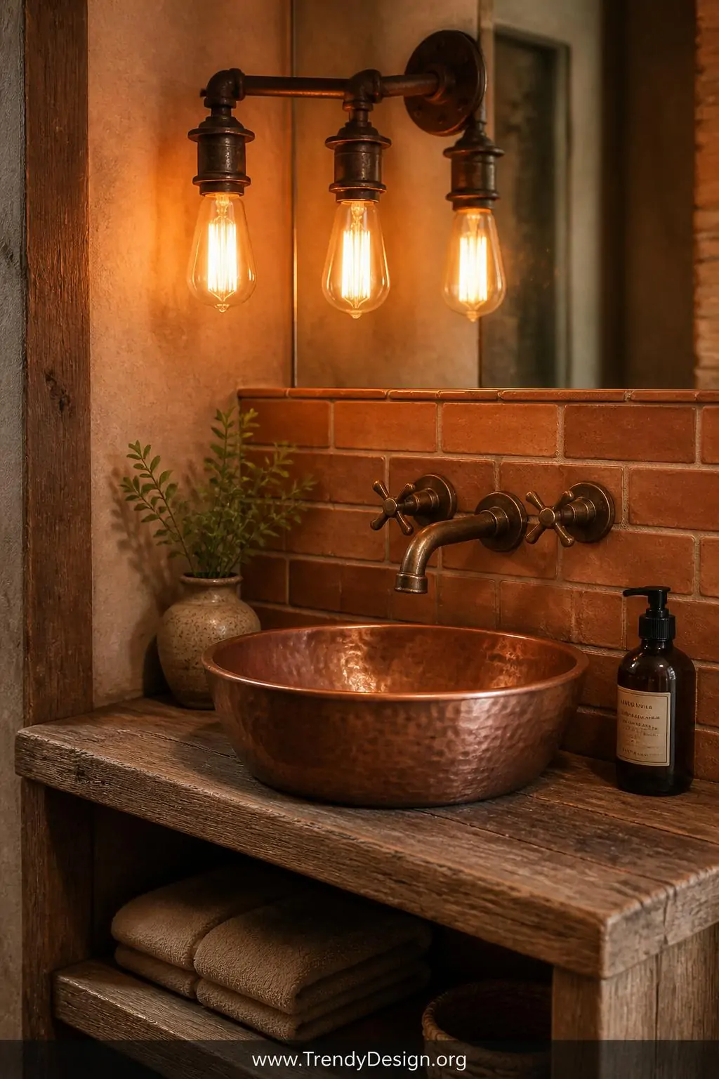 A closeup of a warm rustic bathroom vanity vignette with amber-glowing vintage Edison bulbs in an exposed industrial iron sco
